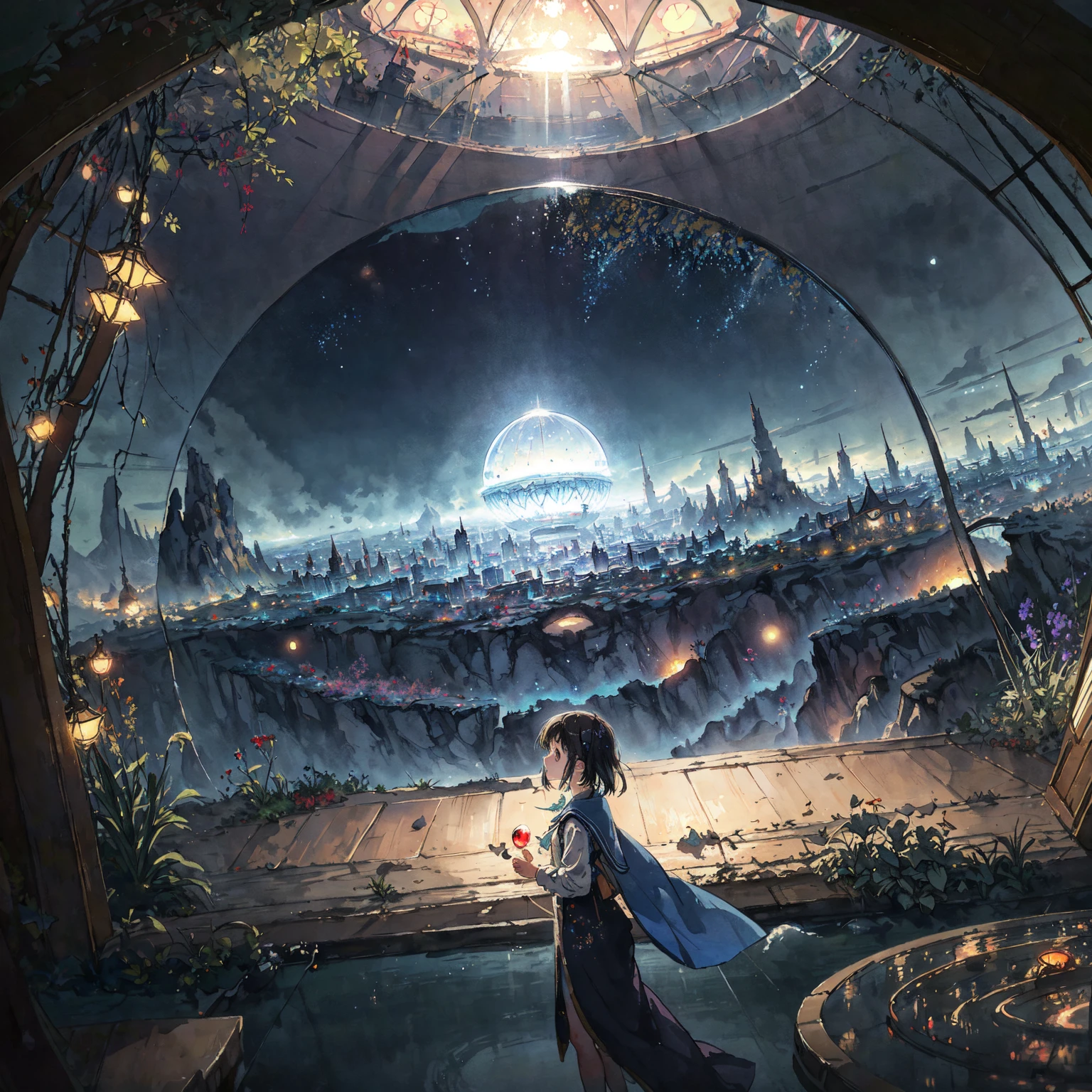 best quality, masterpiece, extremely detailed, detailed background, anime, 1girl, young girl, short girl, sci-fi, indoors, night, artificial ecosystem, utopia, landscape, scenery, panorama, science fiction, solo focus, close up, depth of field, bokeh, atmospheric lighting, megastructure, glass dome, bio-dome