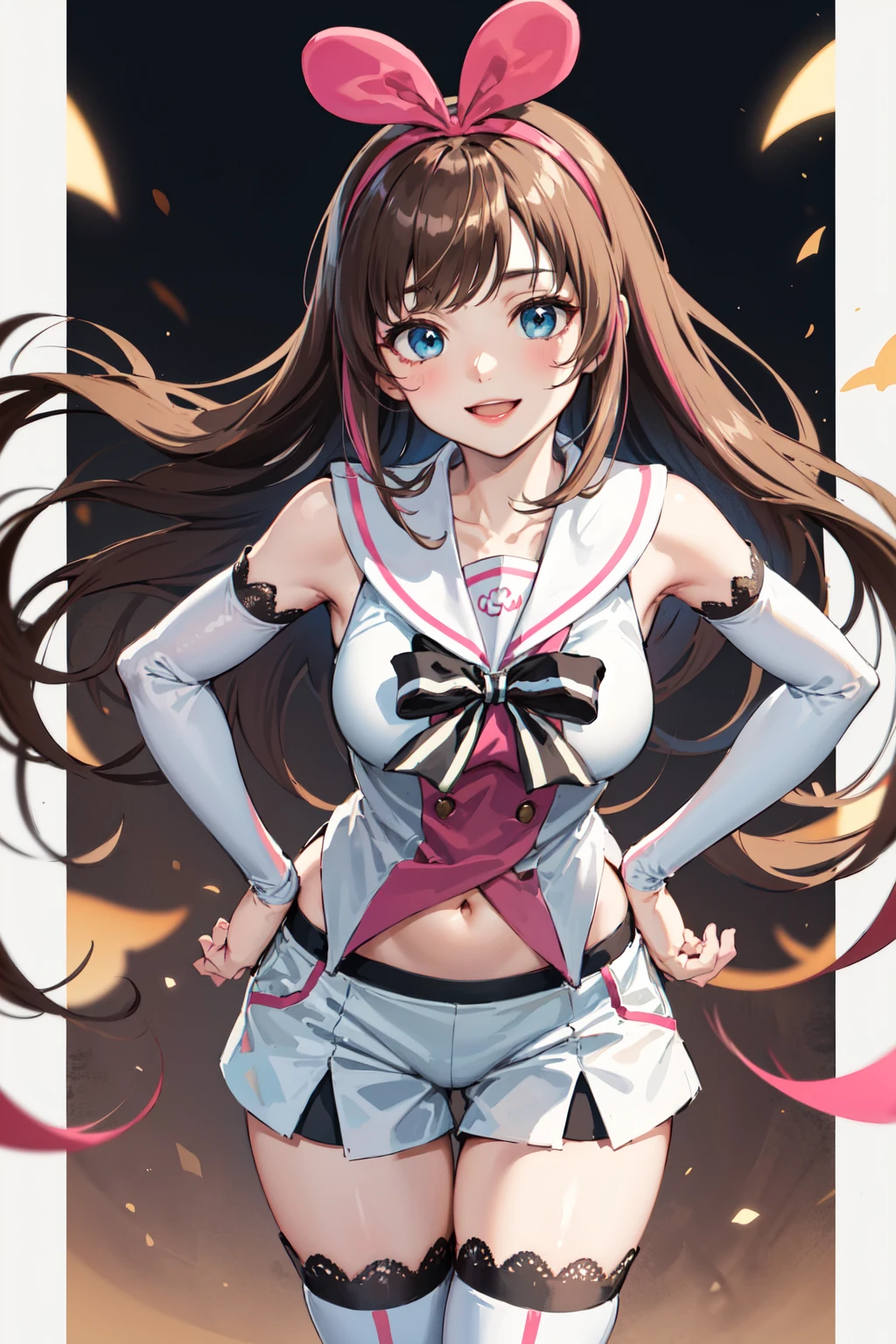 masterpiece, best quality, highres, 1girl, kizuna ai, long hair, brown hair, multicolored hair, short shorts, floating hair, pink hairband, white shorts, detached sleeves, navel, sailor collar, streaked hair, pink hair, blue eyes, white thighhighs, medium breasts, lace-trimmed sleeves, sleeveless shirt, striped, white sailor collar, bowtie, hair bow, swept bangs, white shirt, lace-trimmed legwear, <lora:kizuna_ai_v10:0.6>, smile, leaning forward, hand on hip,