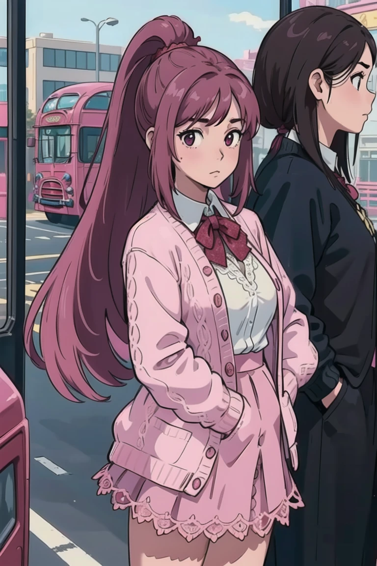 girl, (hotify:1.2), (heroine:1.4), (Fantasy,Bus:1.4),Plus Size,Oppai,(Standing with hands in pockets),Very Long Hair,Ponytail,(pink Cardigan,burgundy Lace skirt:1.3),girls und panzer,Butt Booster ,(masterpiece,detailed,highres:1.4)