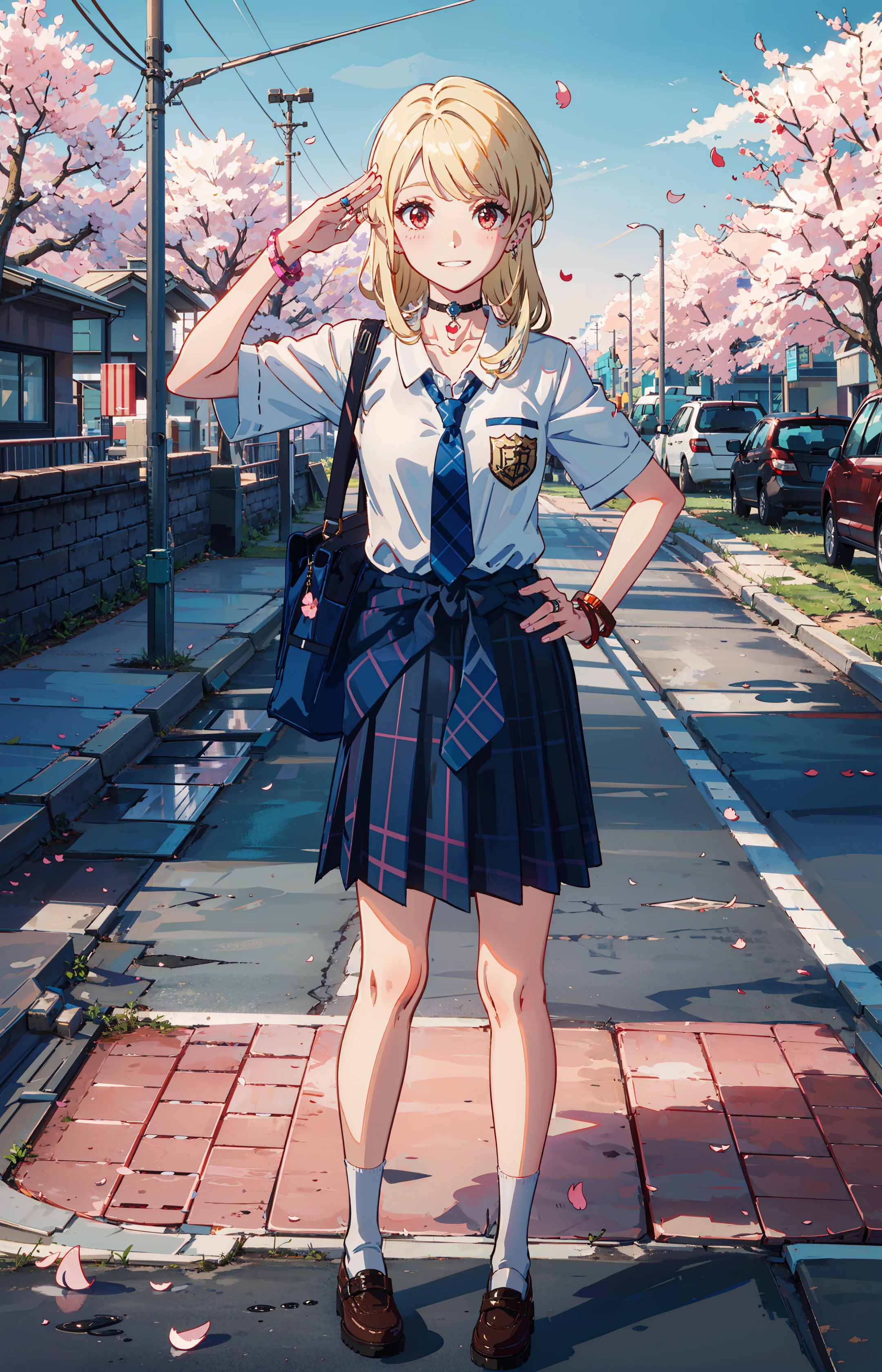 masterpiece, best quality, salute, hand on hip, full body,
1girl, bangs, black choker, black necktie, blonde hair, blue skirt, blush, bracelet, breasts, choker, clothes around waist, collarbone, collared shirt, cowboy shot, dress shirt, ear piercing, eyebrows visible through hair, gradient hair, grin, gyaru, jewelry, kogal, long hair, looking at viewer, loose necktie, necktie, piercing, plaid, plaid skirt, pleated skirt, red eyes, ring, school uniform, shirt, skirt, smile, solo, white shirt,
street, sky, cherry blossoms, petals,