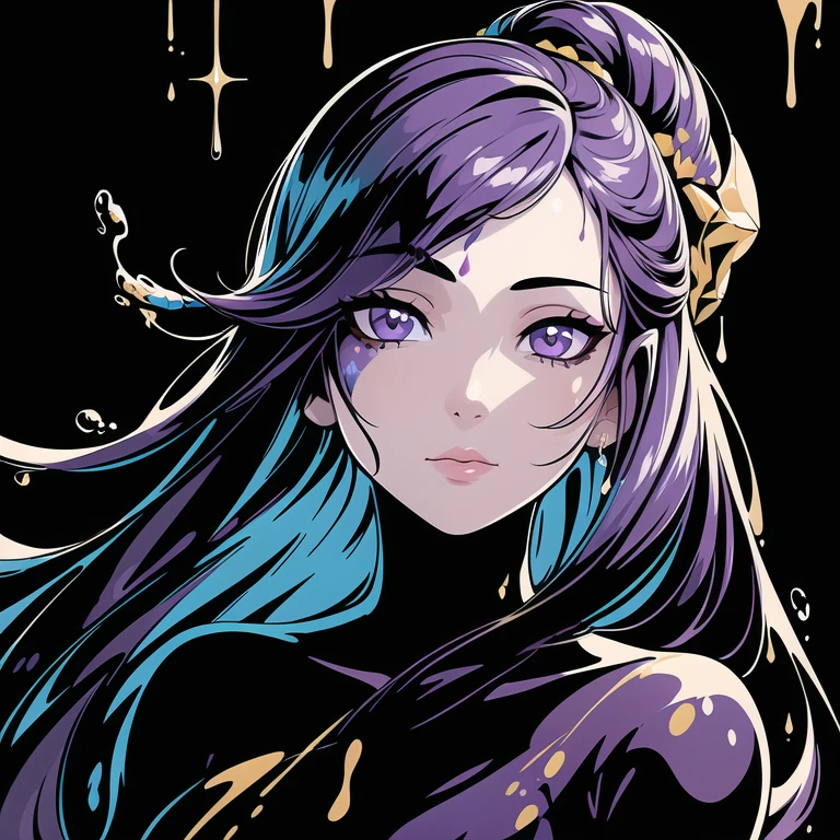 (masterpiece, best quality:1.1), pxint, (1girl:1.05), solo, detailed eyes, portrait, beautiful, looking at viewer, droplets, purple and gold, sparkle, bubble, flowing, with a splash of paint, (abstract:0.8)