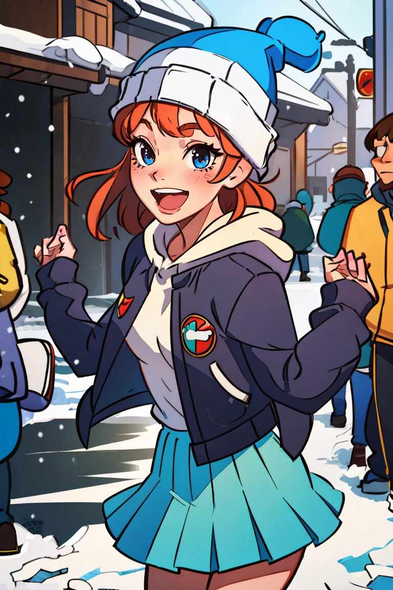 (best quality, masterpiece1.2), (detailed eye:1.2), intricate detail, depth of field, 1girl, laughing, jacket, skirt, alley, in crowd, pov, winter, beanie
