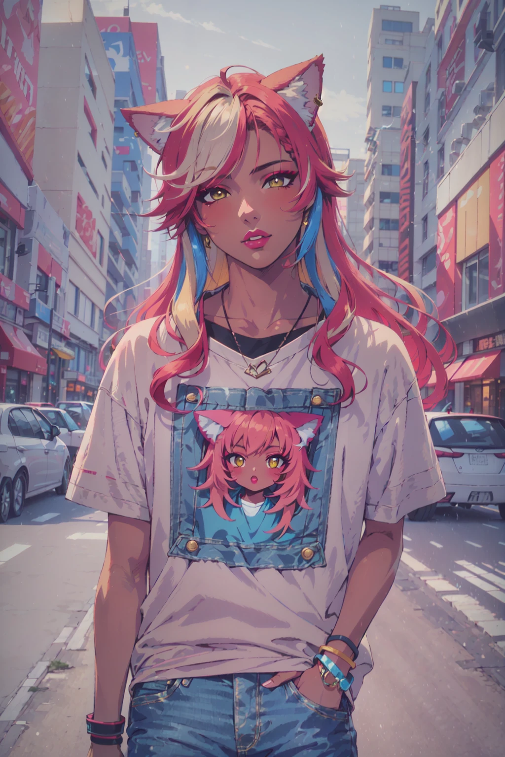 (masterpiece, best illustration, extreme light and shadow), 1boy, solo, transgender male, red hair, yellow eyes, cat ears, animal ears, tan, tan skin, ganguro, two tone hair, long hair, wearing a black and pink anime tshirt, denim jeans, makeup, wristband, lipstick, jewelry, depth of field, vaporwave, citypunk