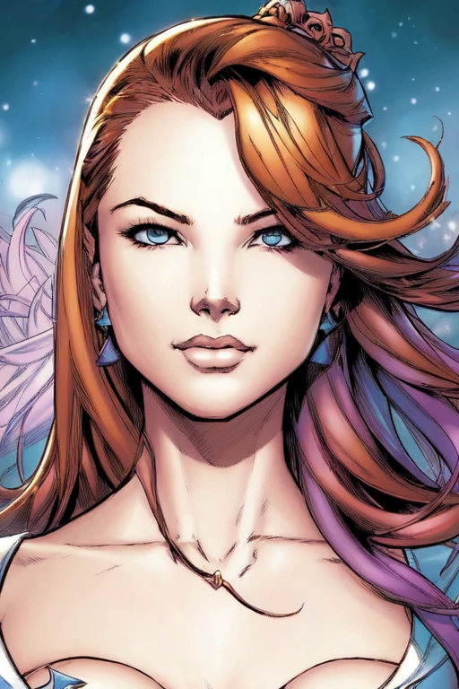 lisdusk1, 90s comic book style, ((masterpiece)),(best illustration), (extreme detail, ultra fine), solo, 1girl, violet eyes, (ginger hair), (voluptuous), (long hair),(large breasts), (sexy), (vivid colors),(green bodysuit), (extreme light and shadow, volumetric lighting),((solo)), (close up), dskyart1, nvinkpunk, style of joe maduereira