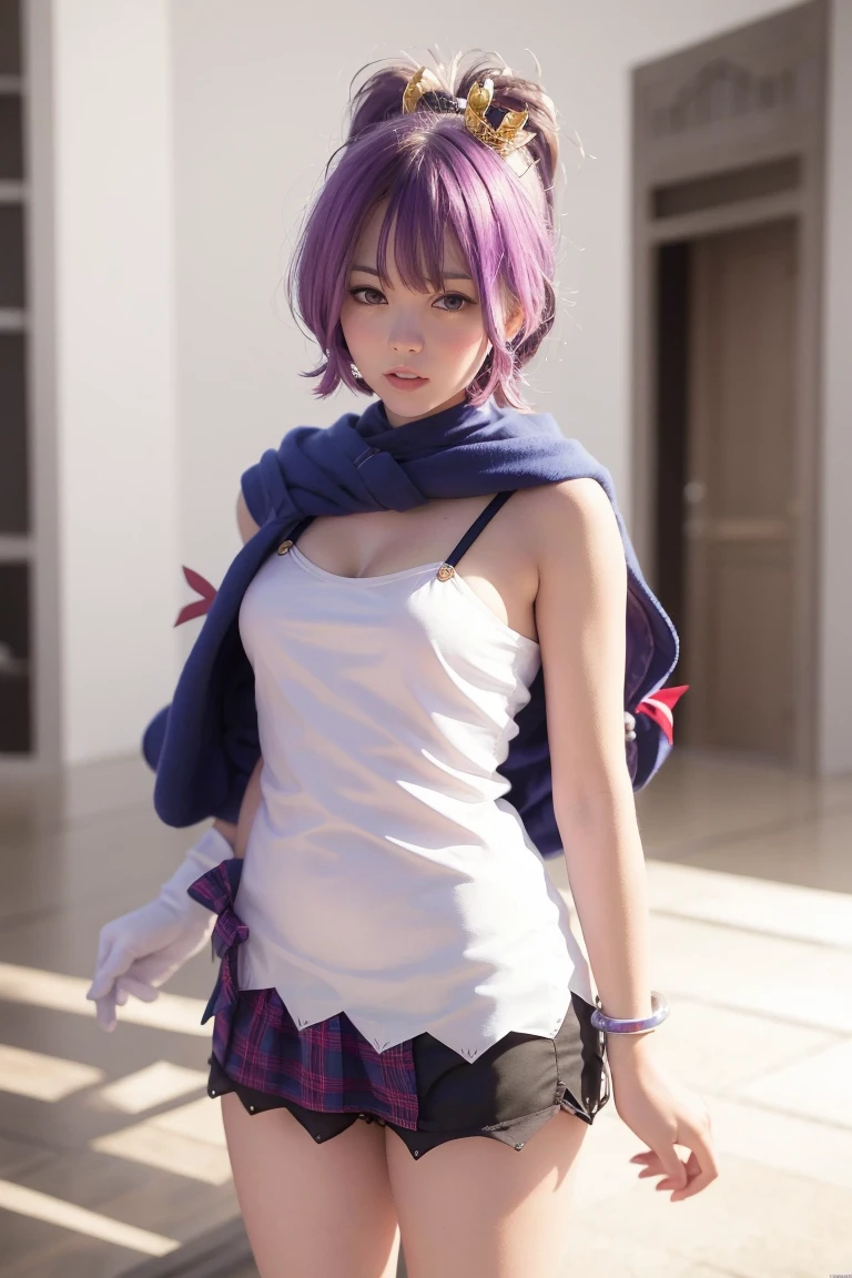 <lora:javelin_v1.0:0.8>,1girl, crown, camisole, ribbon, purple_hair, mini_crown, white_camisole, anchor, hair_ornament, looking_at_viewer, black_ribbon, solo, hair_ribbon, gloves,chain,hood,indoors,, 8yk,raw photo, High Detail,(ray tracing),(masterpiece), (best quality), highres,(realistic:1.4),ultra detailed, physically-based rendering,