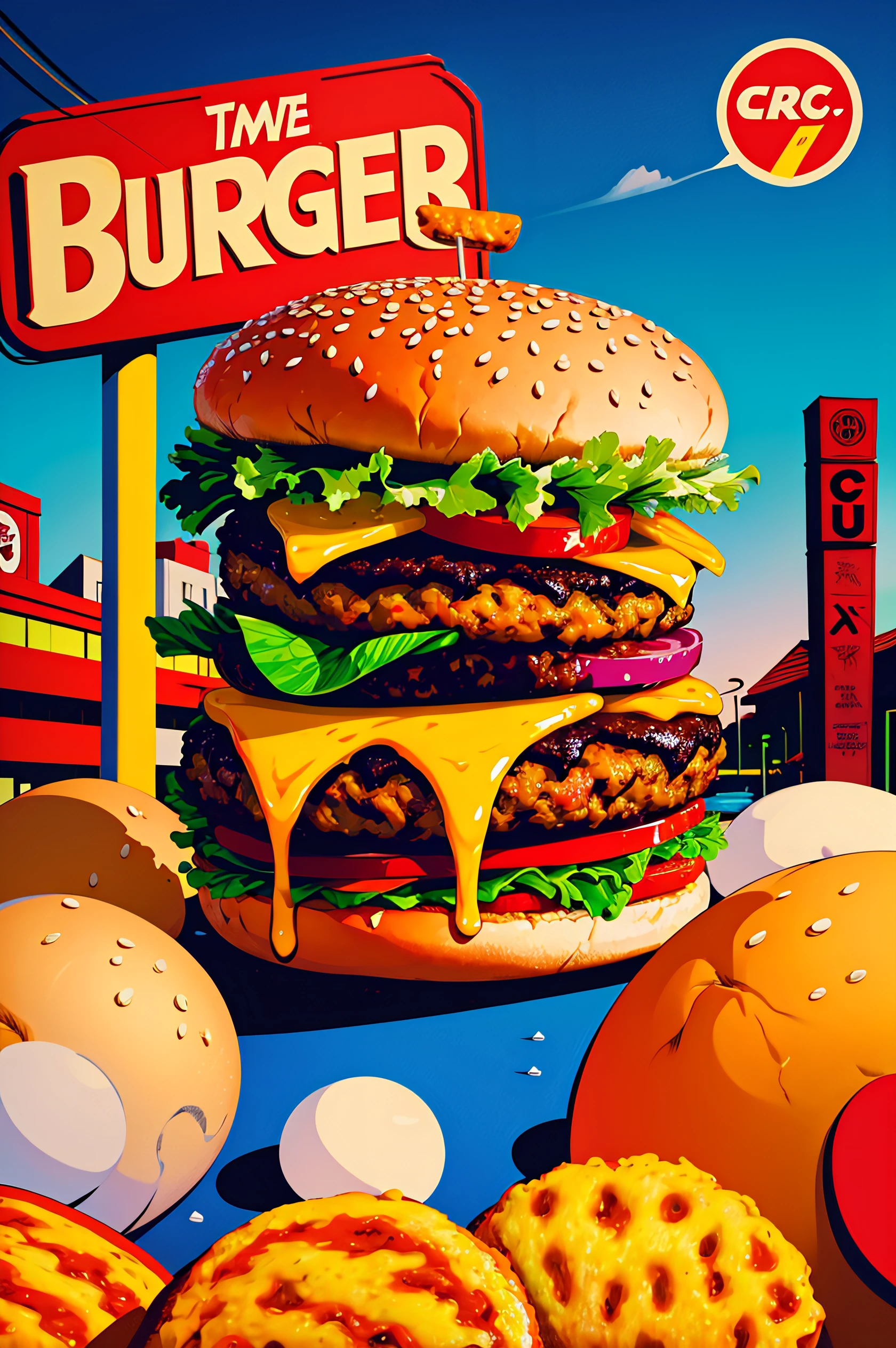 (Comic Illustration:1.2), Burger advertisement post  photoshop design 4k detailed