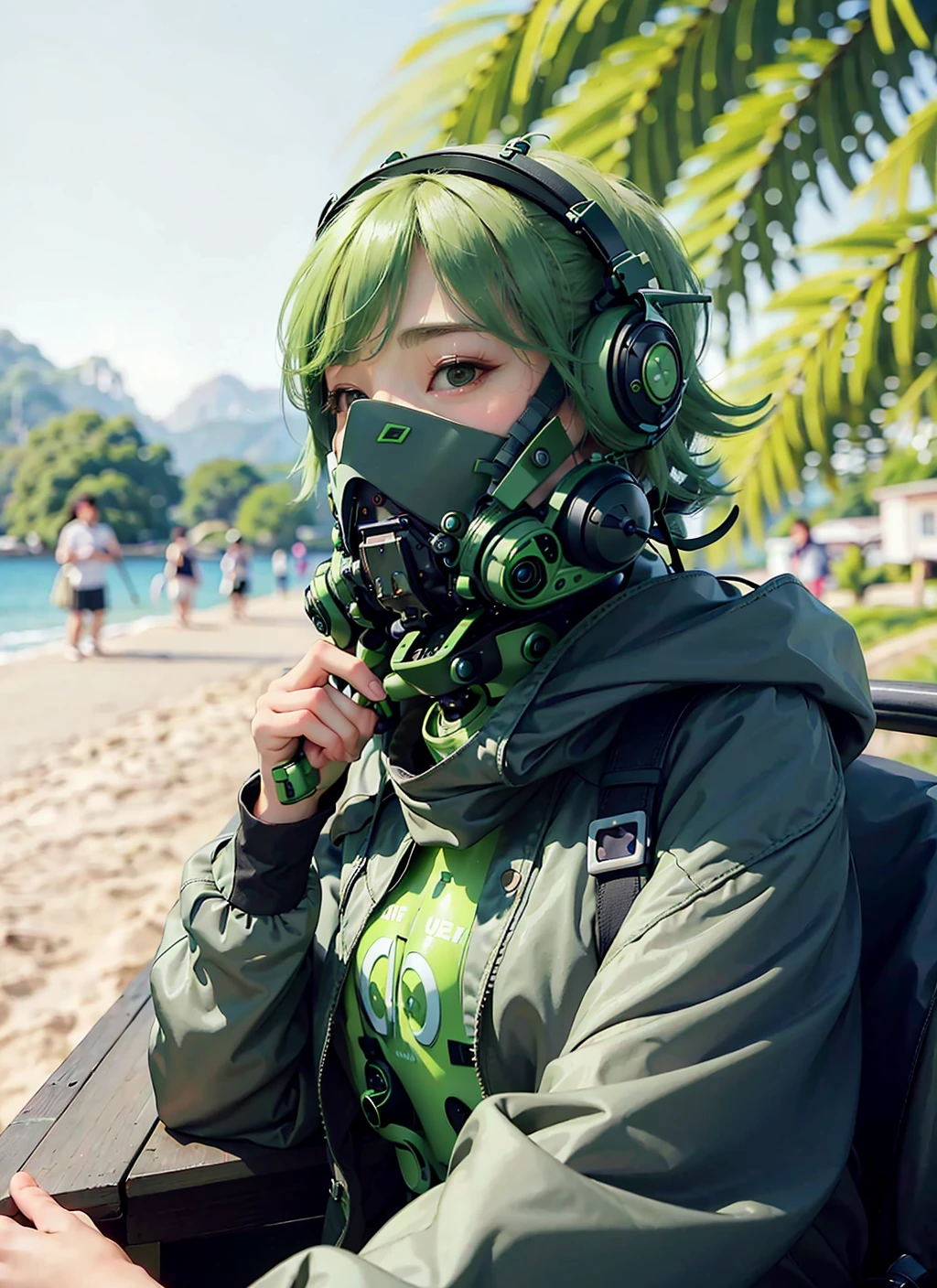 masterpiece, realistic, 1 woman, (wearing a green full coverage techpunkmask with smallish antenna), (wearing black jacket and cut top), blond hair, smiling eyes, sitting by the palm-fringed beach, sunny and rich in color, HDR, iso 1000<lora:techpunkmask_v0.5-000001:0.7>