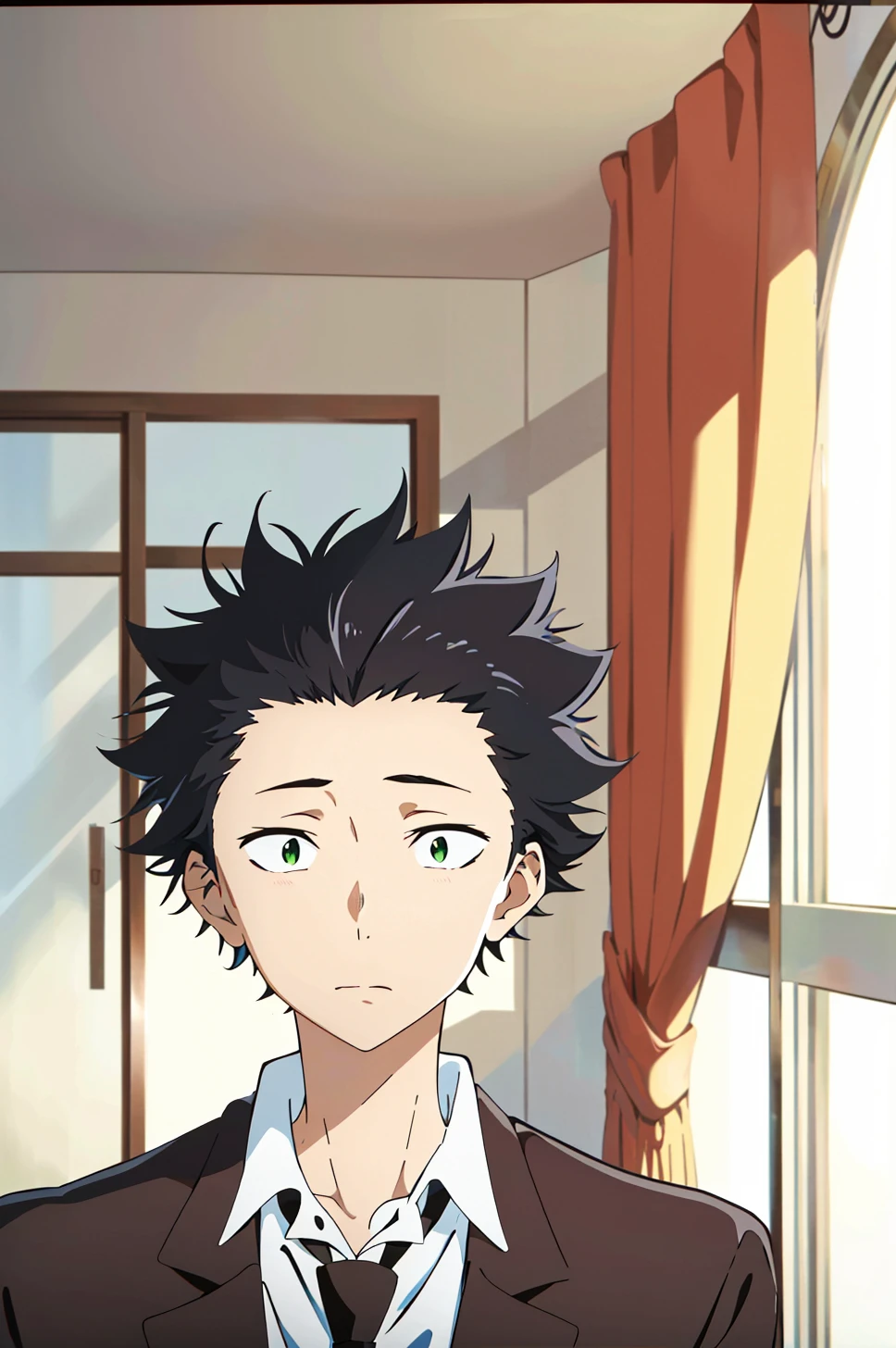 koe no katachi, 1boy, male focus, solo, black hair, looking at viewer, necktie, school uniform, indoors, letterboxed, window, anime coloring, parody, shirt, jacket, upper body, green eyes, collared shirt, spiked hair, blurry, brown jacket, closed mouth, fake screenshot, curtains, ((masterpiece))  <lora:koe_no_katachi_offset:1>