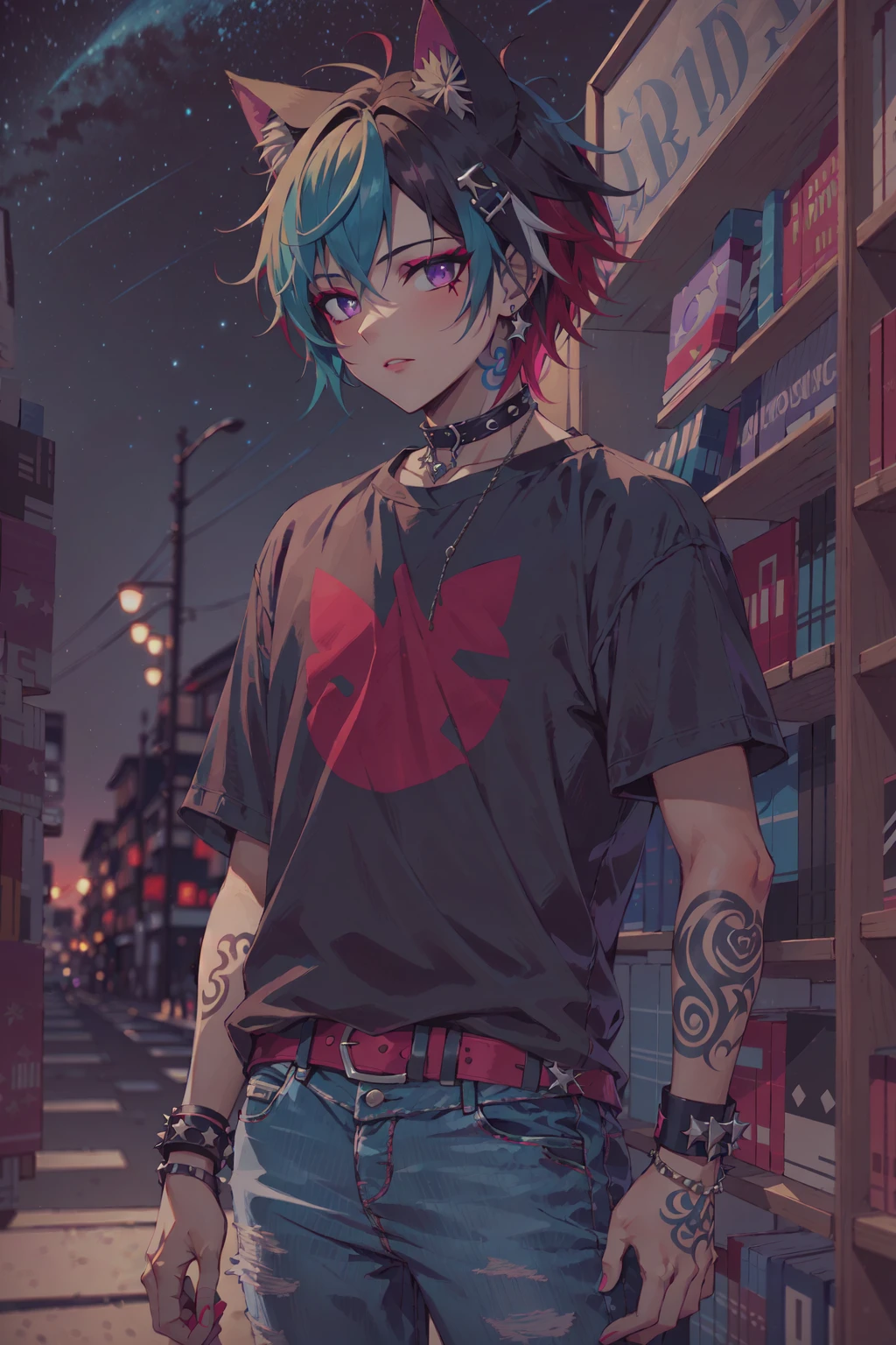 (masterpiece, best illustration, extreme light and shadow), 1boy, solo, (male focus:.7), transgender male, red hair, green hair, purple eyes, cat ears, animal ears, two tone hair, long hair, wearing a black and pink anime tshirt, denim jeans, goth makeup, wristband, emo punk style, (punk:1.5), jewelry, depth of field, tattoos, standing in a bookstore, (night sky:1.2), wind swept hair, (sidelighting), (volumetric lighting)