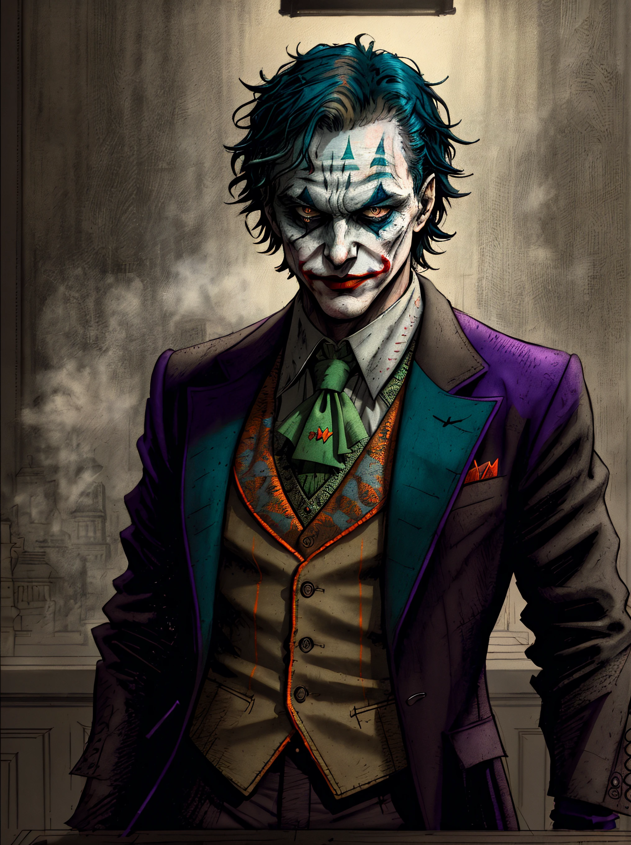 A Joker\(Joker 2019\) ,epic, realistic, faded, neutral colors, ((((hdr)))), ((((muted colors)))), intricate scene, artstation, hyperdetailed, cinematic shot, warm lights, dramatic light, intricate details, vignette, complex background, [[teal and orange]], slate gray atmosphere