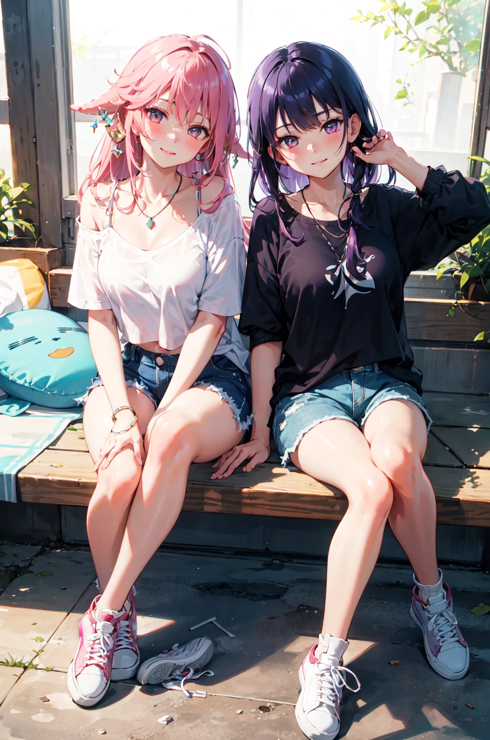 masterpiece, best quality, photorealistic, (indoors:1.2), beautiful lighting, cinematic lighting, bedroom, on bed, lamp, poster,two girl
AND two girl,yae miko, pink hair, teasing, smug, smirk, head tilted, knee up, looking at viewer, glossy skin, sitting, medium breasts, dolphin shorts, denim, navel, midriff, nose blush, necklace, (sneakers:1.2), leaning on person,genshin impact,
AND two girl,raiden shogun, purple hair, purple eyes, serious, blush, looking at viewer, single braid, shirt, long hair, crossed legs, glossy skin, knee up, arm rest, sitting medium breasts, dolphin shorts, denim, smile, necklace,(sneakers:1.2), looking at another, half closed eyes,genshin impact,