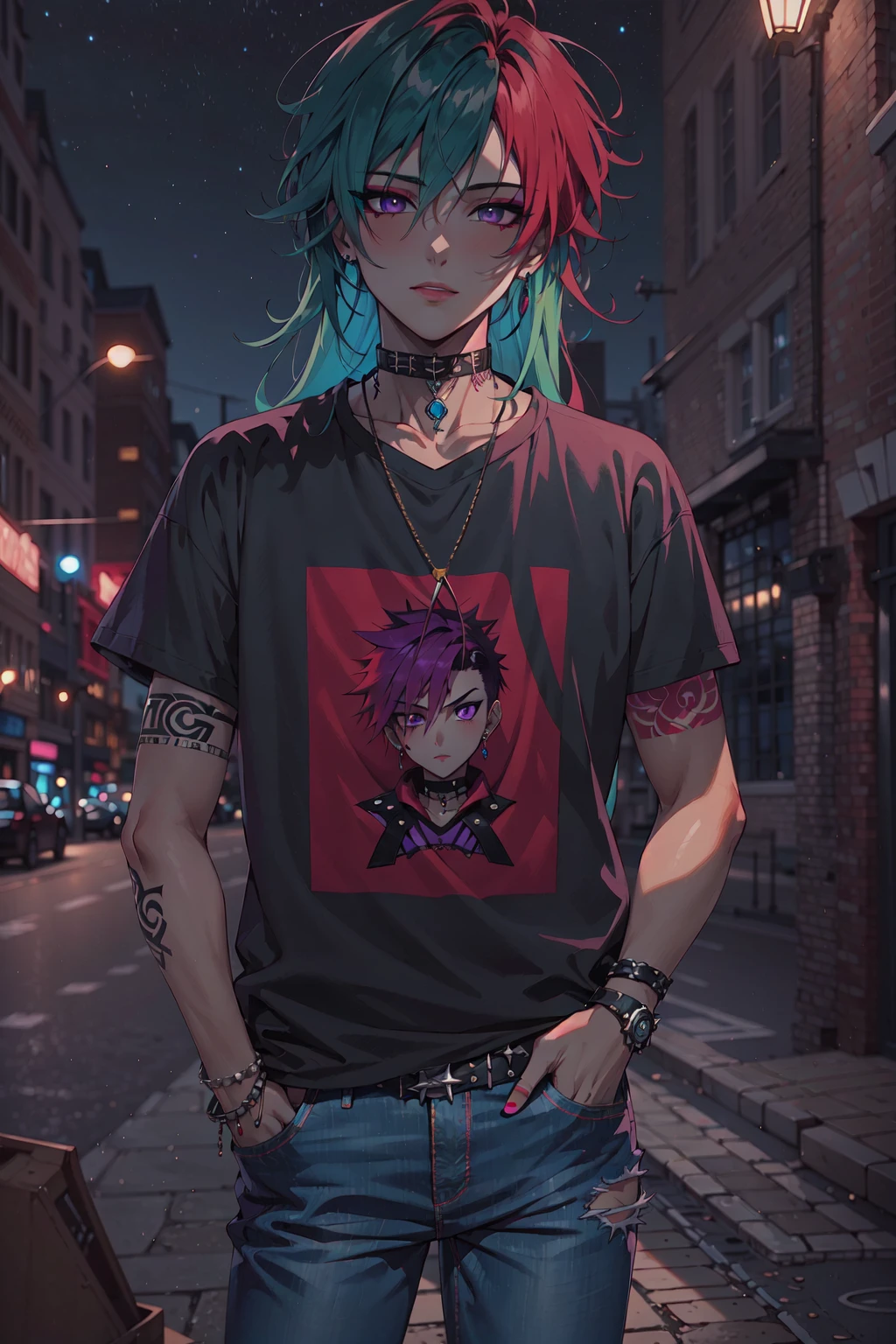 (masterpiece, best illustration, extreme light and shadow), 1boy, solo, (male focus:.7), transgender male, red hair, green hair, purple eyes, two tone hair, long hair, wearing a black and pink anime tshirt, denim jeans, goth makeup, wristband, emo punk style, (punk:1.5), jewelry, depth of field, tattoos, minneapolis, (night sky:1.2), wind swept hair, (sidelighting), (volumetric lighting)