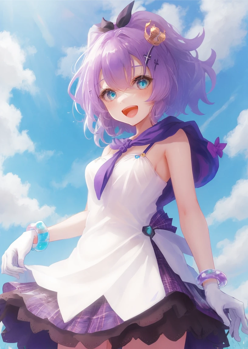 <lora:javelin_v1.0:0.8>,1girl, solo,bracelet,white gloves, camisole, ribbon, purple_hair, mini_crown,white_camisole, hair_ornament, looking_at_viewer, black_ribbon, hair_ribbon,blue hood, :d, outdoors, from behind, sitting,, masterpiece, best quality,