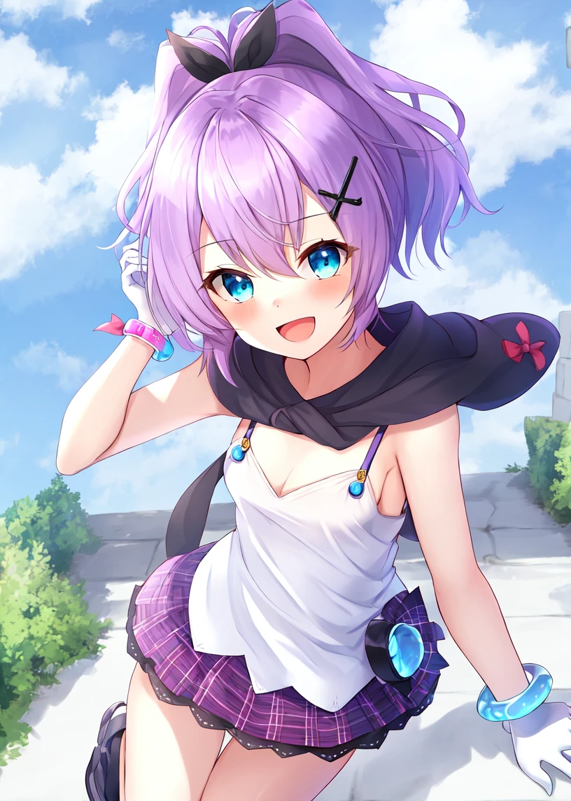 <lora:javelin_v1.0:0.8>,1girl, solo,bracelet,white gloves, camisole, ribbon, purple_hair, mini_crown,white_camisole, hair_ornament, looking_at_viewer, black_ribbon, hair_ribbon,blue hood, :d, outdoors,from from above,, masterpiece, best quality,
