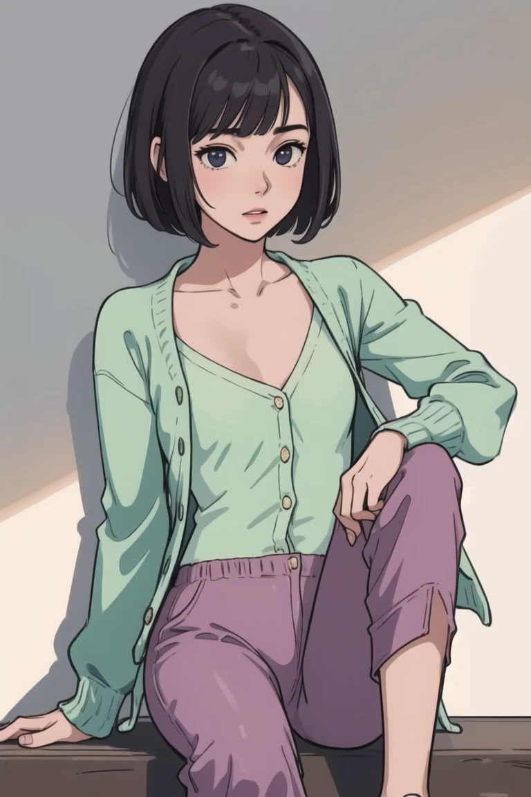 girl, (hotify:1.2), (illustration:1.4), (New,Gala:1.4),Slim,Small Breasts,(Sitting parallel to the camera, hand on knee),Very Short Hair,Blunt Bangs,(lime Cardigan,mauve Harem Pants:1.3),Gundam,Butt Lifter ,(masterpiece,detailed,highres:1.4)