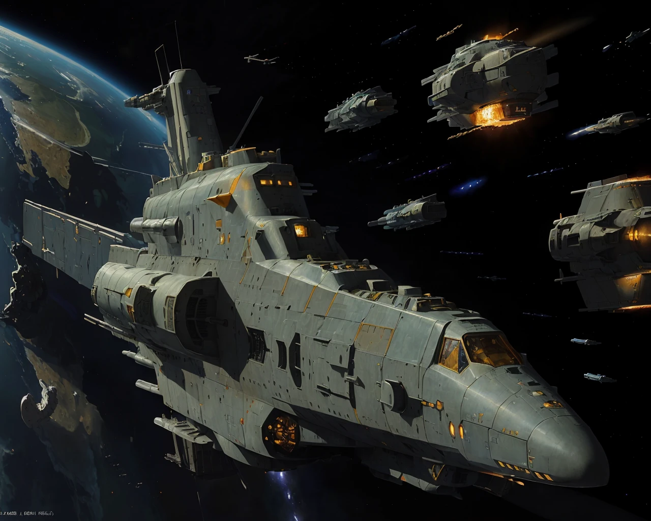 best quality,masterpiece,highly detailed,ultra-detailed,
(logh spacecraft, space_battleship science fiction, scifi :1.3) in orbit earth \(planet\), starry sky, nebula, beam,laser,glowing engin,
<lora:LOGH:0.5>