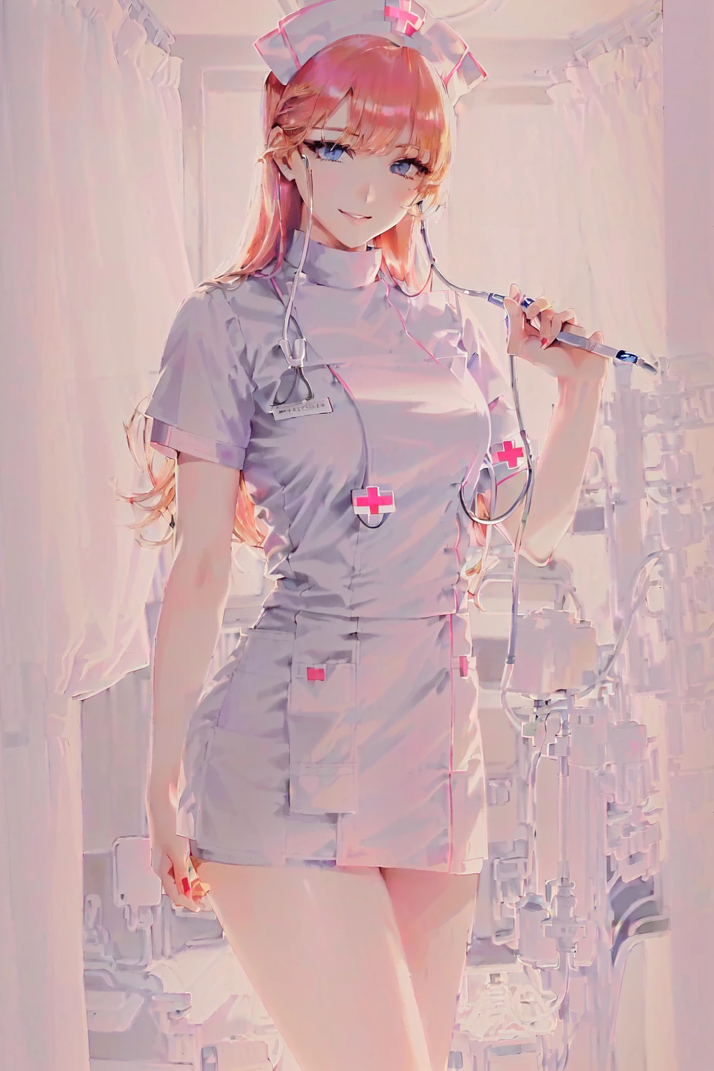 ((masterpiece)),(best illustration:1.5) (best manga:1.3), (extreme detail, ultra fine), solo, 1girl, violet eyes, (ginger hair), (voluptuous), (long hair),(large breasts:1.3), (sexy), (vivid colors),(wearing sexy a nurse uniform:1.8), (extreme light and shadow, volumetric lighting),[bottle bottom],((solo)),(ultra sharp:2), manwha1