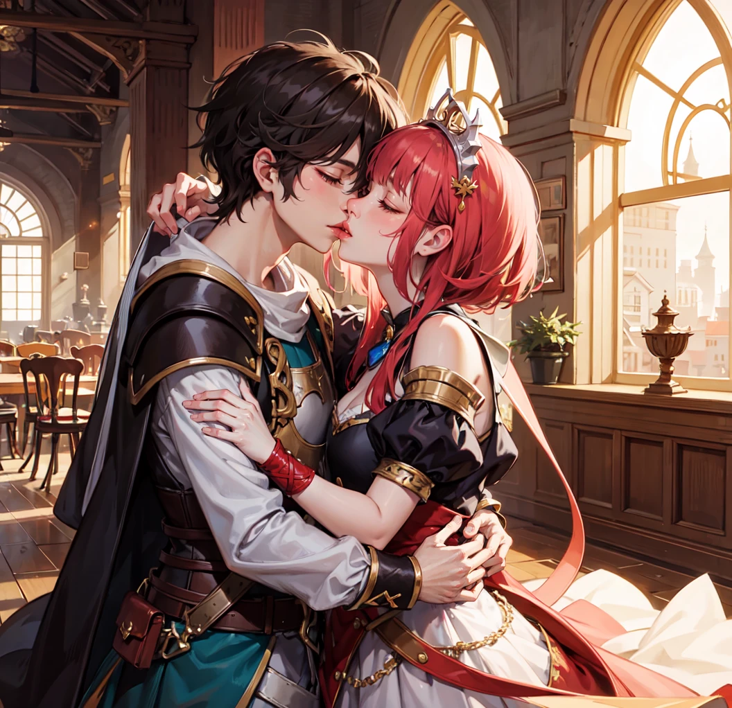 official art, unity 8k wallpaper, ultra detailed, beautiful and aesthetic, High quality, beautiful, masterpiece, best quality, (zentangle, mandala, tangle, entangle:0.6), a knight kissing a princess, (kissing), hugging, romantic, love, adorable, fantasy, in a fantasy city