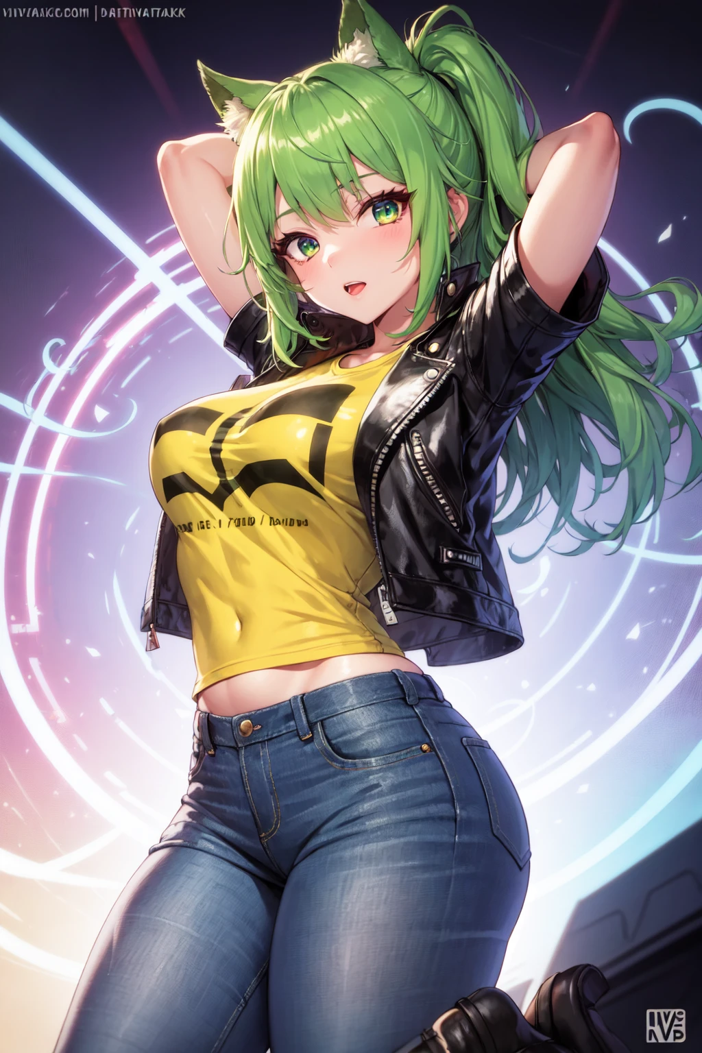 1girl, solo, detailed holographic rainbow eyes, red and green hair, leather jacket, wearing a tshirt, wearing jeans, medium breasts, voluptuous, dynamic angle, looking at viewer, samdoesarts, nvinkpunk
