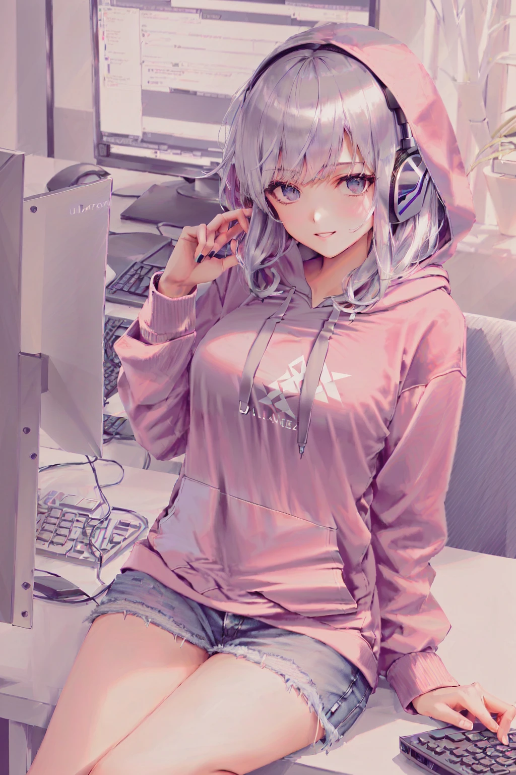 (masterpiece, best illustration, best manga), (extreme detail, ultra fine), solo, 1girl, violet eyes, (pink hair), (sitting at a computer:1.4),(long hair), (gamer headphones), (large tv in the background),  (large breasts:1.3), (sexy),  (vivid colors),(wearing a hoodie:1.8), (denim jeans), (extreme light and shadow, volumetric lighting), (rim lighting:1.5), (solo), (80s style:.5),(ultra sharp:2),