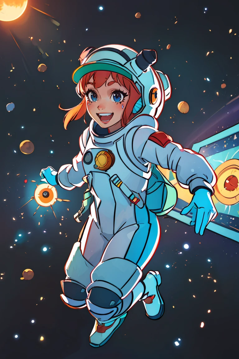 (best quality, masterpiece1.2), (detailed eye:1.2), intricate detail, depth of field, 1girl, spacesuit, aurora, full body, Spacewalking, sun, space, jumping, happy, smile, laughing, Space Station, sun visor,