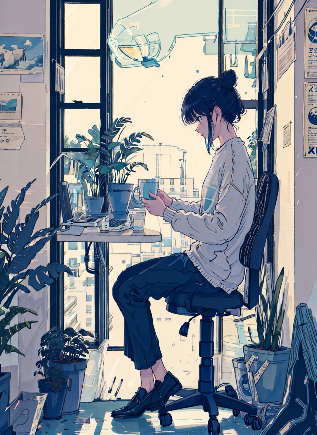 neon, 1girl, plant, cat, cup, sitting, potted plant, laptop, hair bun, solo, computer, single hair bun, table, wide shot, long sleeves, black hair, stool, holding cup, holding, indoors, chair, flower, window, aqua shirt, air conditioner, sweater, shirt, bowl, electric fan, short hair, mug, profile<lora:neon:1>