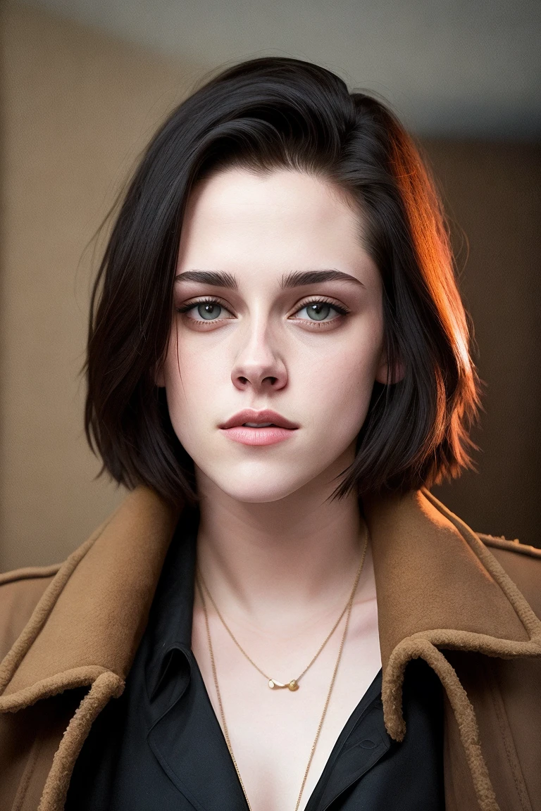 RAW photo, close portrait photo of (kr1st3nst:0.99) posing, long black coat, short haircut, (black hair:1.2), pale skin, slim body, (high detailed skin:1.2), 8k uhd, dslr, soft lighting, high quality, film grain, Fujifilm XT3 sharp focus, f 5.6