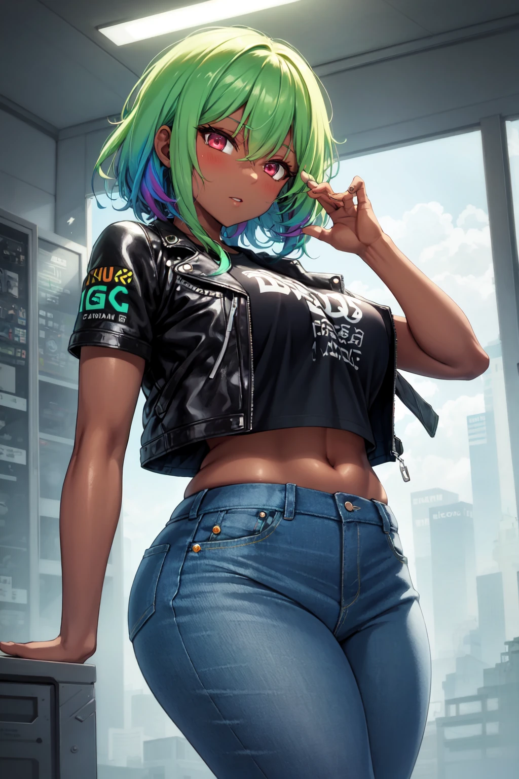 1girl, rainbow hair, solo, dark_skin, tan_skin, green leather jacket, wearing a tshirt, denim jeans, foggy neon futuristic, summer jacket, sakura falling, medium breasts, voluptuous, dynamic angle, looking at viewer,nvinkpunk