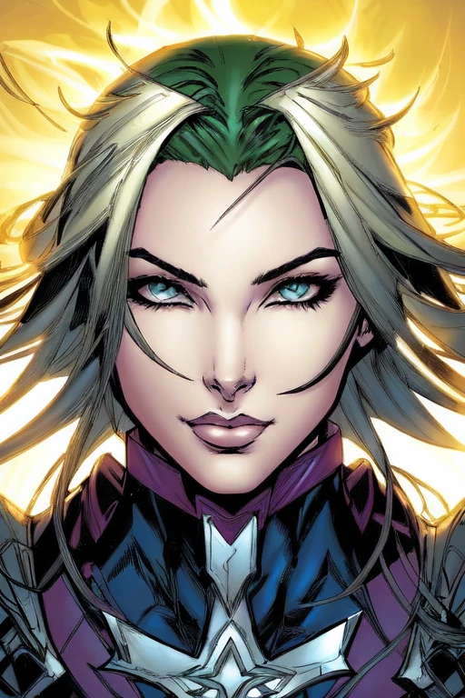 lisdusk1, 90s comic book style, ((masterpiece)),(best illustration), (extreme detail, ultra fine), solo, 1girl, violet eyes, (ginger hair), (voluptuous), (long hair),(large breasts), (sexy), (vivid colors),(green bodysuit), (extreme light and shadow, volumetric lighting),((solo)), (close up), dskyart1, nvinkpunk, style of joe maduereira