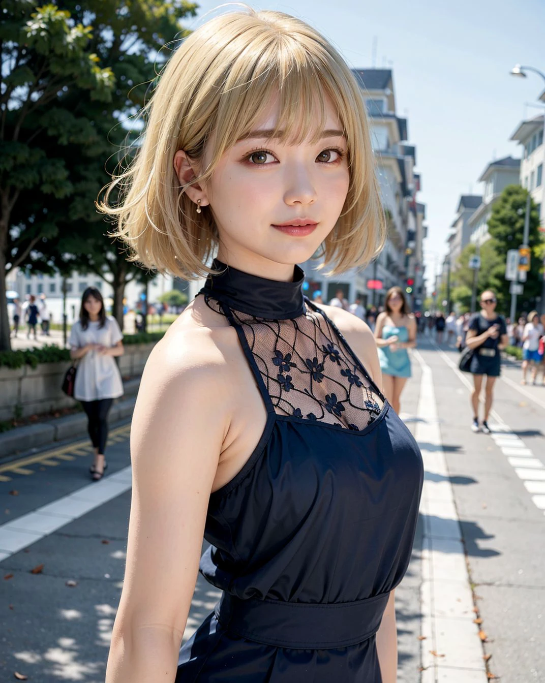 a woman posing on the street corner with light blue dress on, best quality, 1girl, large breasts, day, bright, blur background, bokeh, outdoor, (street:0.8), (people, crowds:1), (lace-trimmed dress:1.5, sleeveless dress, light blue clothes, light blue high-neck dress:1.2, blue dress: 1.5), gorgeous, (blonde hair:1.5), beautiful detailed sky, earrings, (dynamic pose:0.8), (upper body:0.8), soft lighting, wind, shiny skin, looking at viewer, <lora:JAV_Mio_v1.5:0.5>