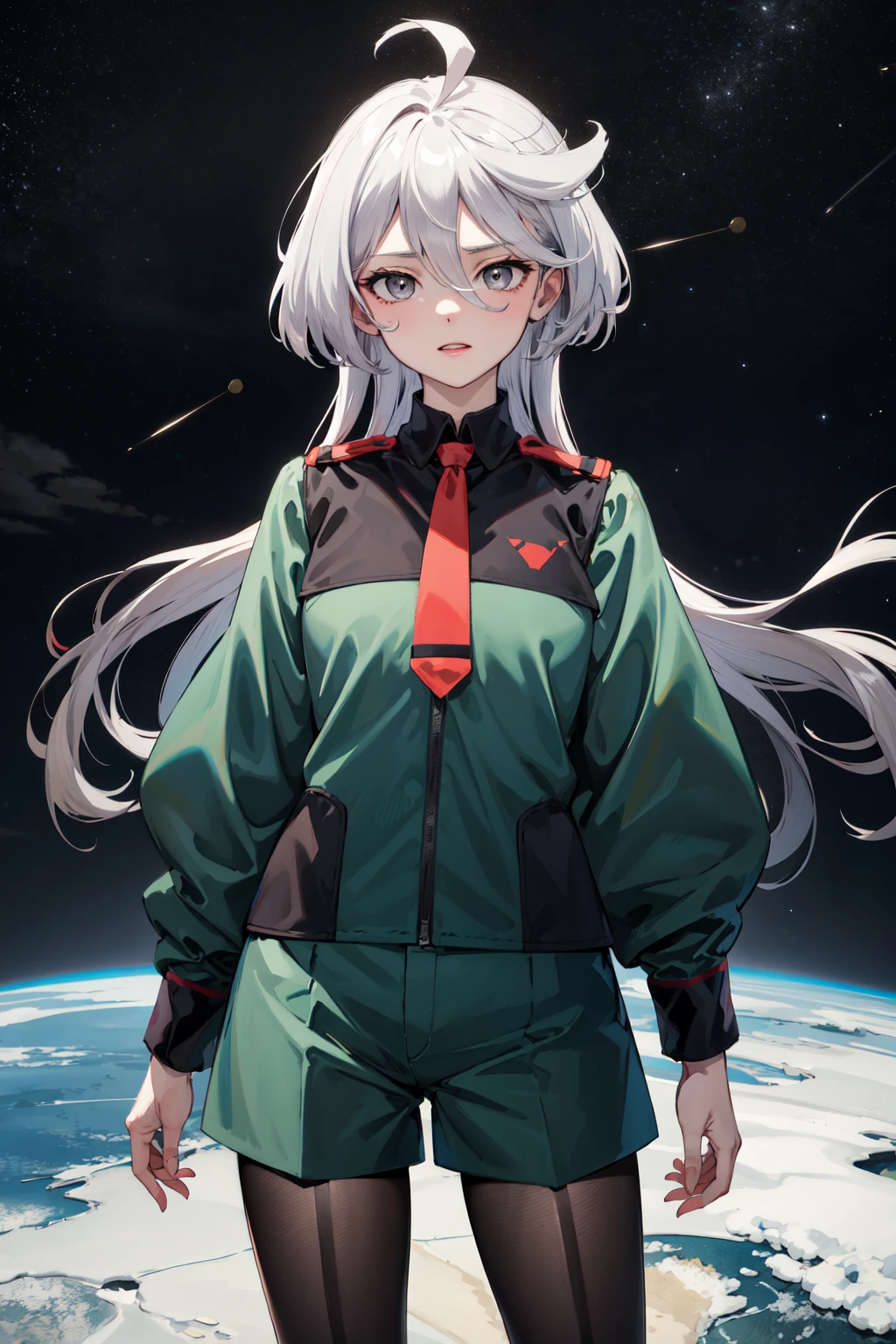 masterpiece, best quality, highres, miorine1, 1girl, miorine rembran, asticassia school uniform, solo, long hair, grey eyes, grey hair, ahoge, seamed legwear, green shorts, necktie, bangs, hair between eyes, black pantyhose, long sleeves, green jacket, floating hair, red necktie, <lora:miorine_rembran_v1_1:0.7>, standing, cowboy shot, space,