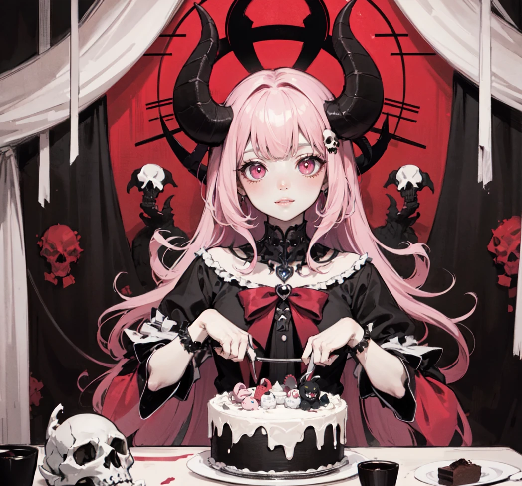 official art, unity 8k wallpaper, ultra detailed, beautiful and aesthetic, High quality, beautiful, masterpiece, best quality, (zentangle, mandala, tangle, entangle:0.6), flat color, limited palette, low contrast, a cute girl serving cake to demons, pink and black, bright pastel colors, kawaii, (horror), eerie, rabbit skull, goat skull, in hell, creepy, demons, claws, best lighting