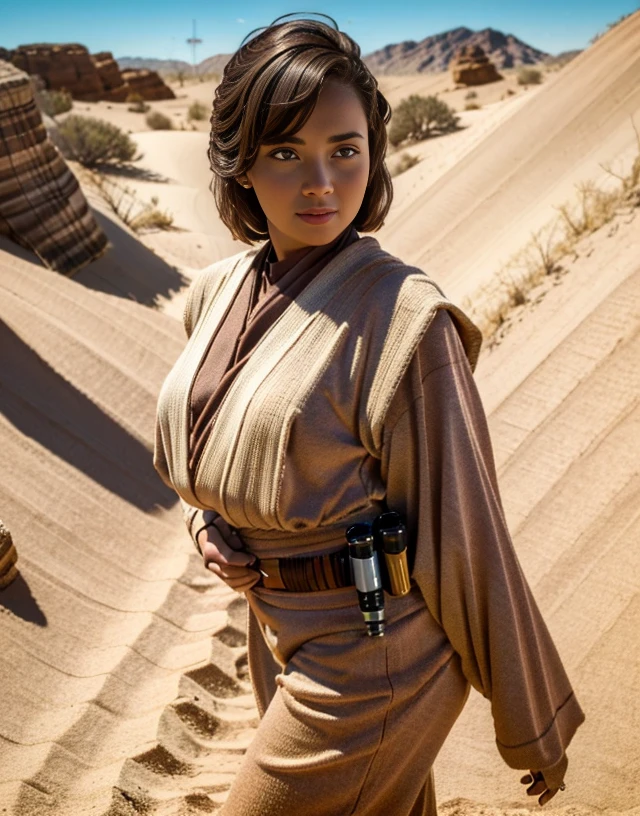 woman in jedioutfit is lying in a pinup pose <lora:jedioutfit:1>,on a desert, RAW photo, 8k uhd, dslr, soft lighting, high quality, film grain, Fujifilm XT3,8k HD high definition detailed realistic, hyper detailed,higly detailed face,higly detailed hands