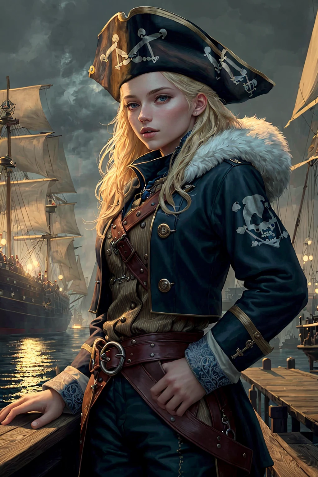 medieval (pirate:1.2) blonde girl with navy blue coat belts straps pants standing on the docks in a (crowd of sailors:1.1) leather and fur winter cold weather working beautiful cloudy sky bright morning light foggy raining, (masterpiece:1.2) (illustration:1.1) (best quality:1.2) (detailed) (intricate) (8k) (HDR) (wallpaper) (cinematic lighting) (sharp focus)