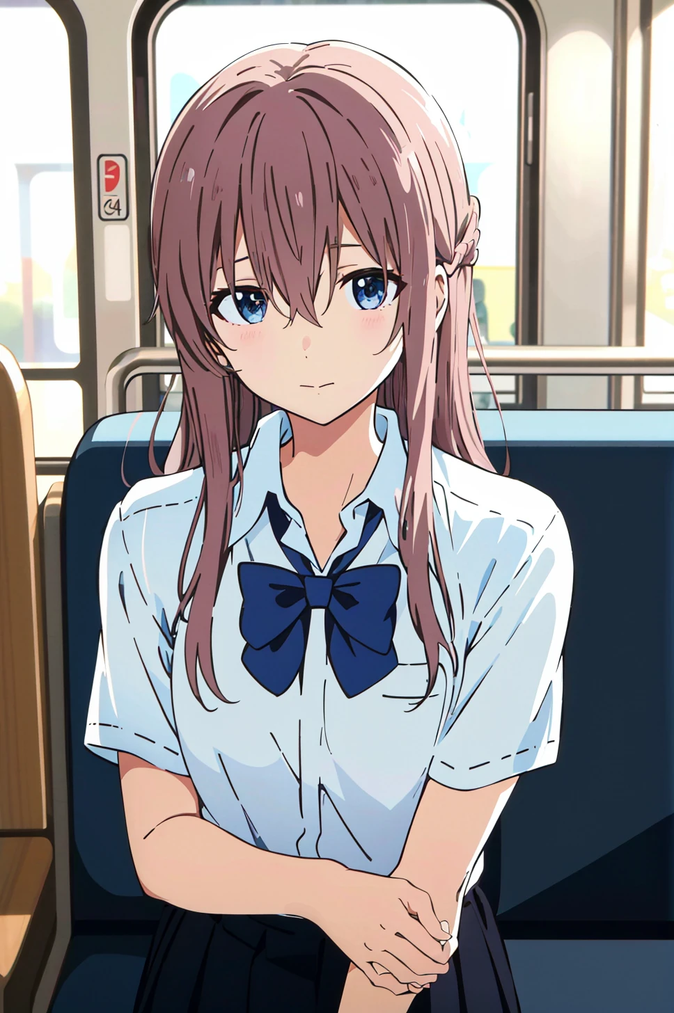 koe no katachi, shirt, 1girl, collared shirt, long hair, train interior, white shirt, bow, brown hair, short sleeves, letterboxed, bangs, solo, closed mouth, facing viewer, blurry, school uniform, blue bow, dress shirt, upper body, depth of field, hair between eyes, blurry background, bowtie, ground vehicle, indoors, ((masterpiece))  <lora:koe_no_katachi_offset:1>