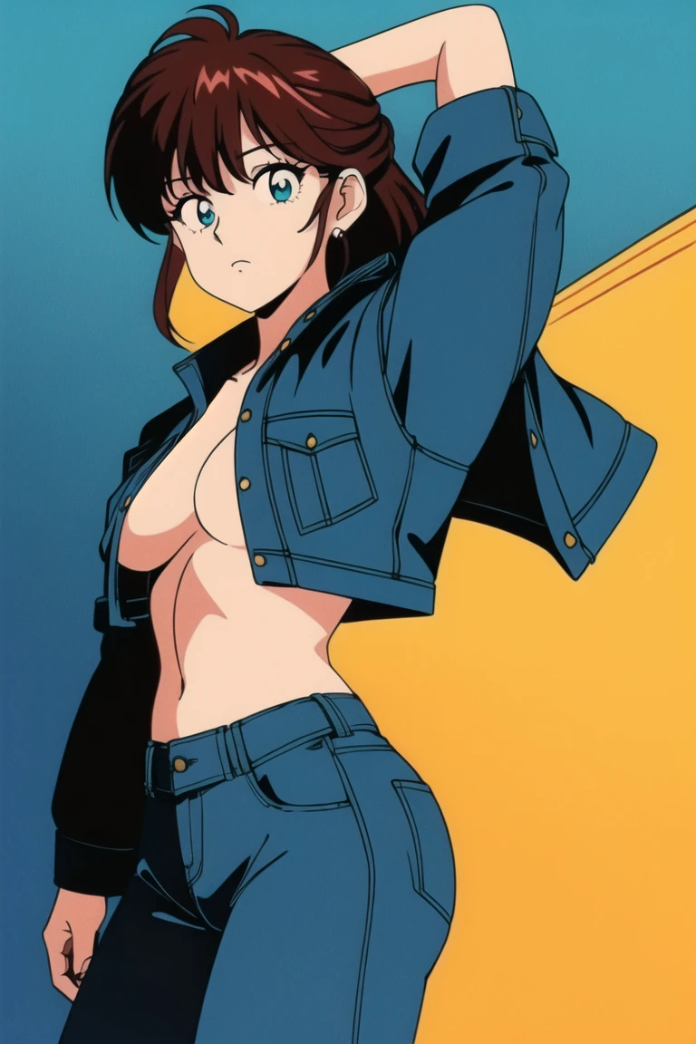girl, (hotify,digital art,fit,hot body,instagram:1.2), (1990s, 90s:1.2),(illustration:1.4), (Strong Wind,Dance Background:1.4),Thicc,Huge Breasts,(Running),Medium Hair,Ringlets Hair,(cyan Waxed Cotton Jacket,vermilion Jeans:1.3),Bleach,Chains ,(masterpiece,detailed,highres:1.4) <lora:90s_steel:0.6>
