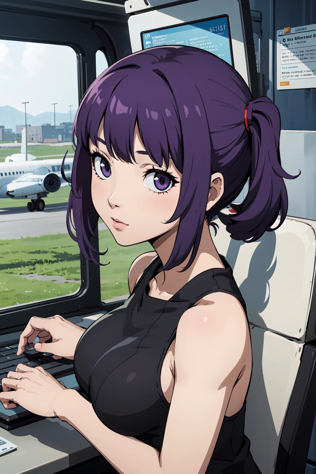 (best quality:1.2), 1girl, (close up, on back, :q, purple hair, short hair, hair flaps, uneven twintails, large_breasts, control tower),
