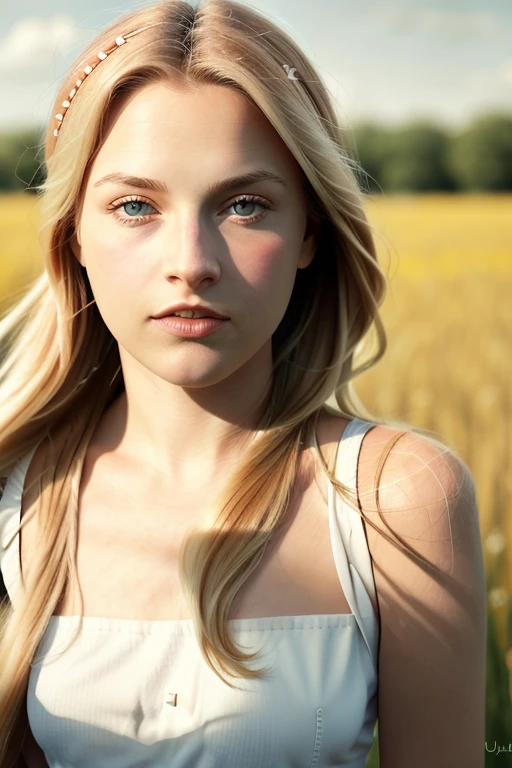 a naturally beautiful woman, perfectly straight blonde hair, in a yellow white sundress, field of wheat, blue skies, [upper body:0.2], close up, 8k, raw, uhd, fujifilm x-t3, ((candid, amateur)), <lora:aliLarter:1.1>, happy, [smiling:0.2]