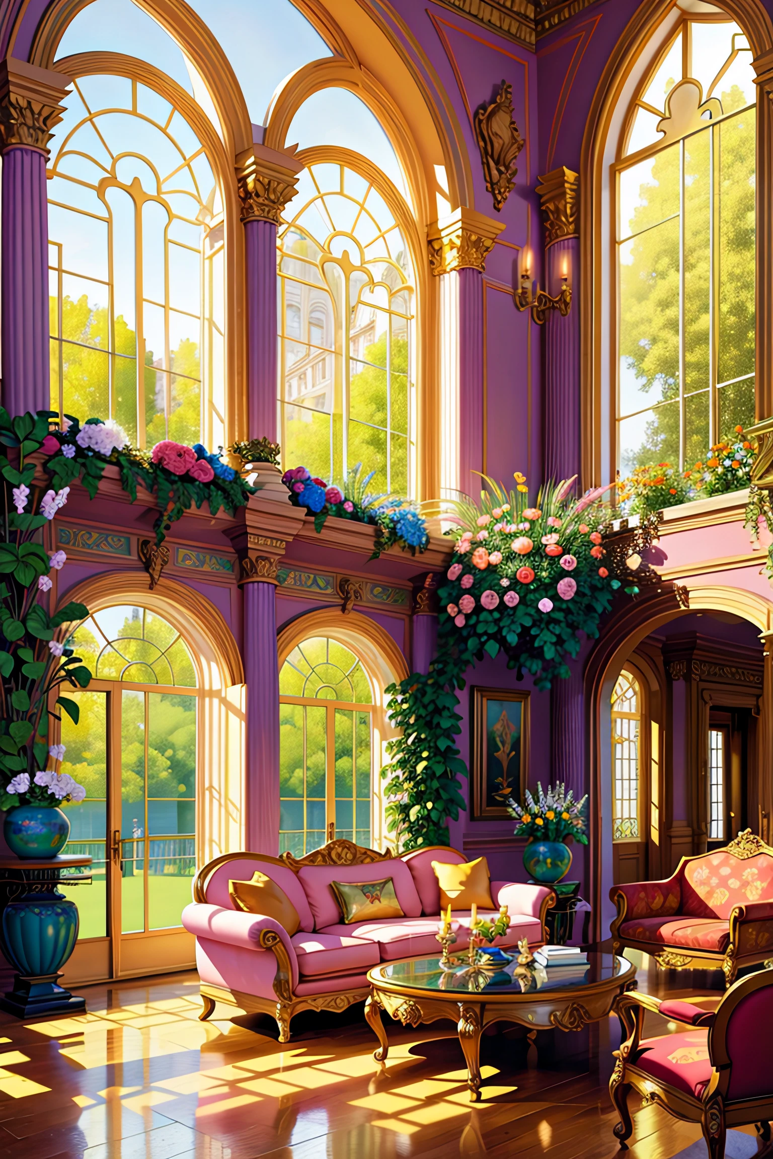(Comic Style:0.77), (Line Art:0.77), Architectural digest photo of a maximalist green solar living room with lots of flowers and plants, golden light, hyperrealistic surrealism, award winning masterpiece with incredible details, epic stunning pale pink surrounding and round corners, big windows, (no people|no humans),