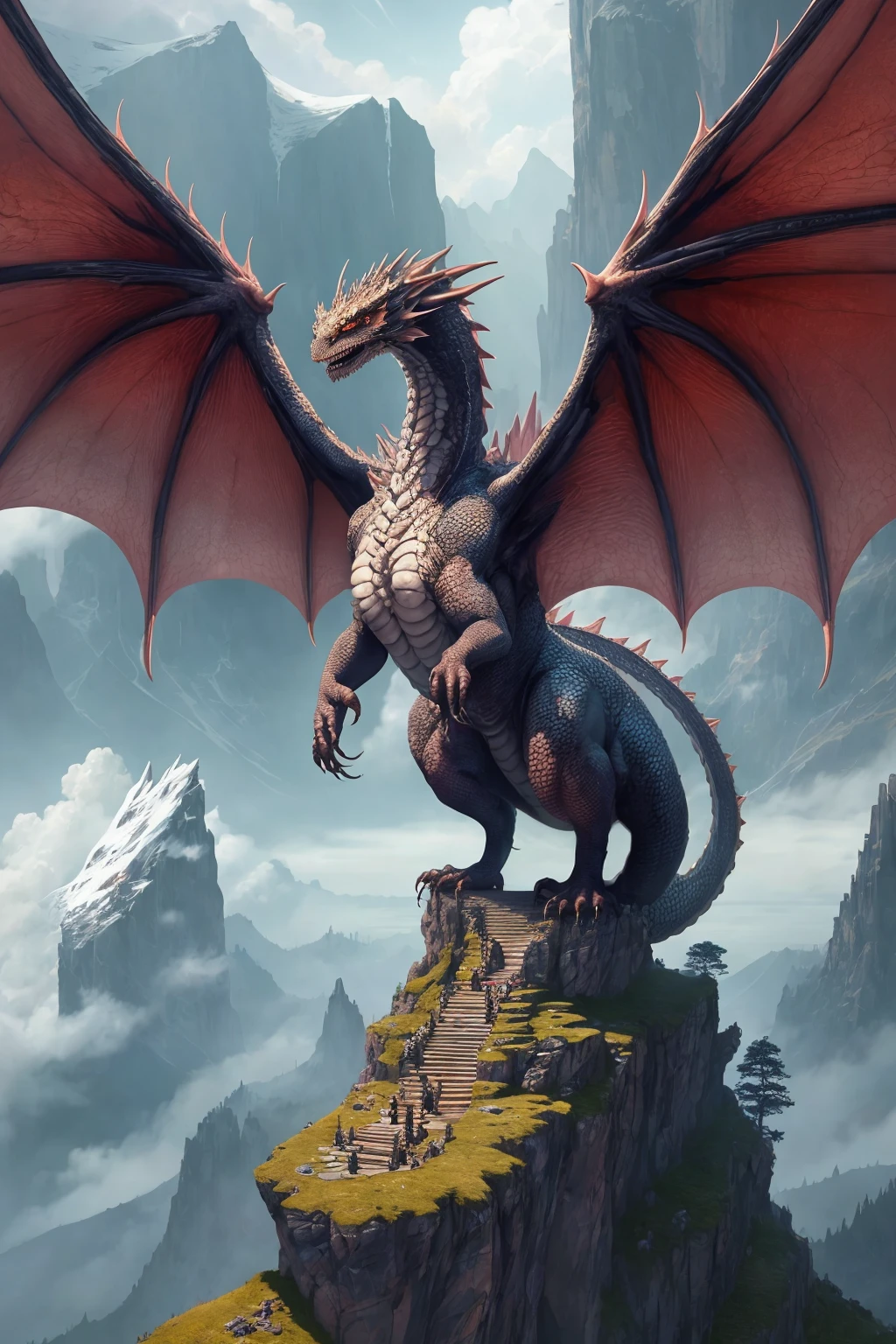 ancient dragon perched on mountain spire large wingspan
(masterpiece:1.2) (illustration:1.1) (best quality:1.2) (detailed) (intricate) (8k) (HDR) (wallpaper) (cinematic lighting) (sharp focus)