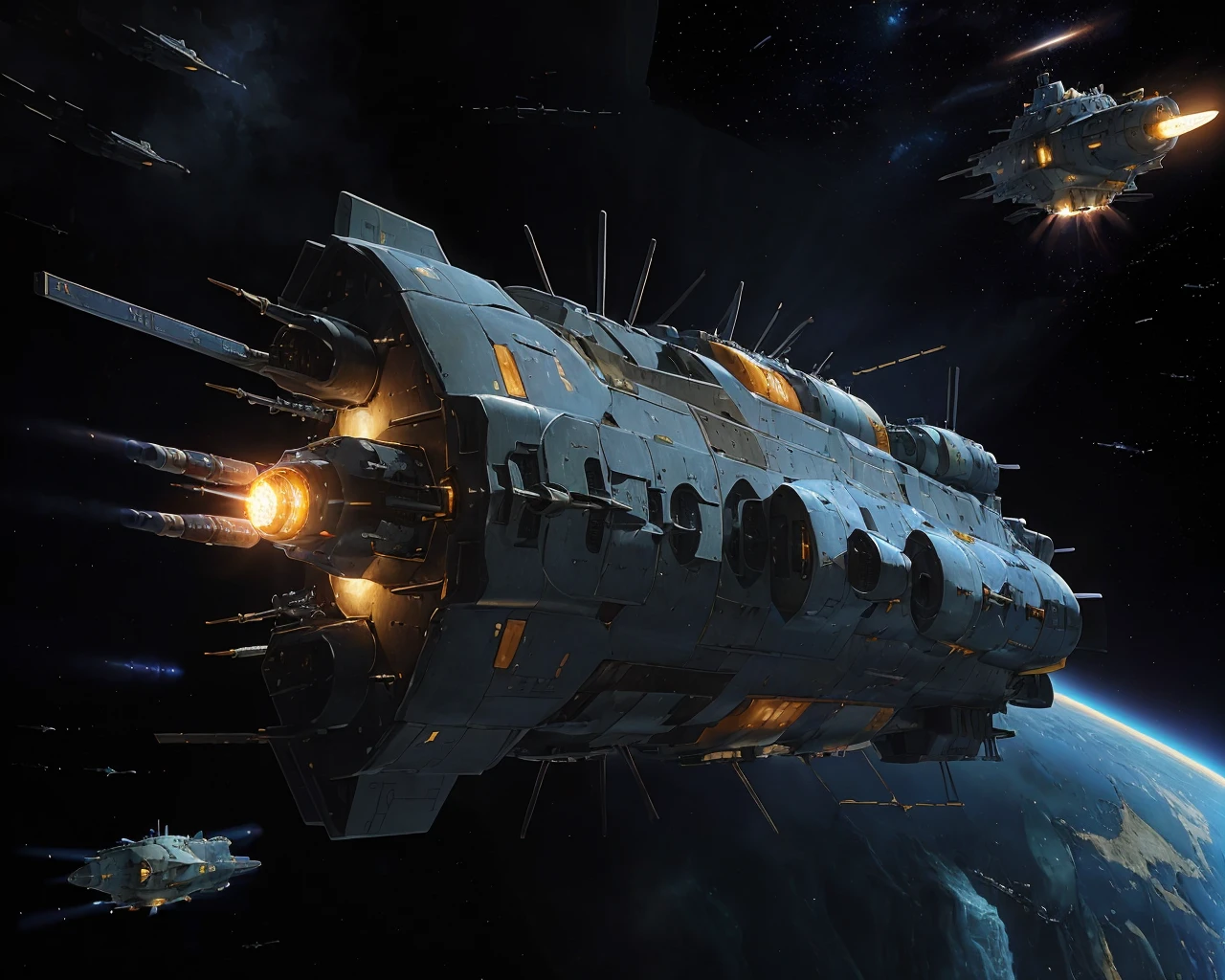 best quality,masterpiece,highly detailed,ultra-detailed,
(logh spacecraft, space_battleship science fiction, scifi :1.3) in orbit earth \(planet\), starry sky, nebula, beam,laser,glowing engin,
<lora:LOGH:0.5>