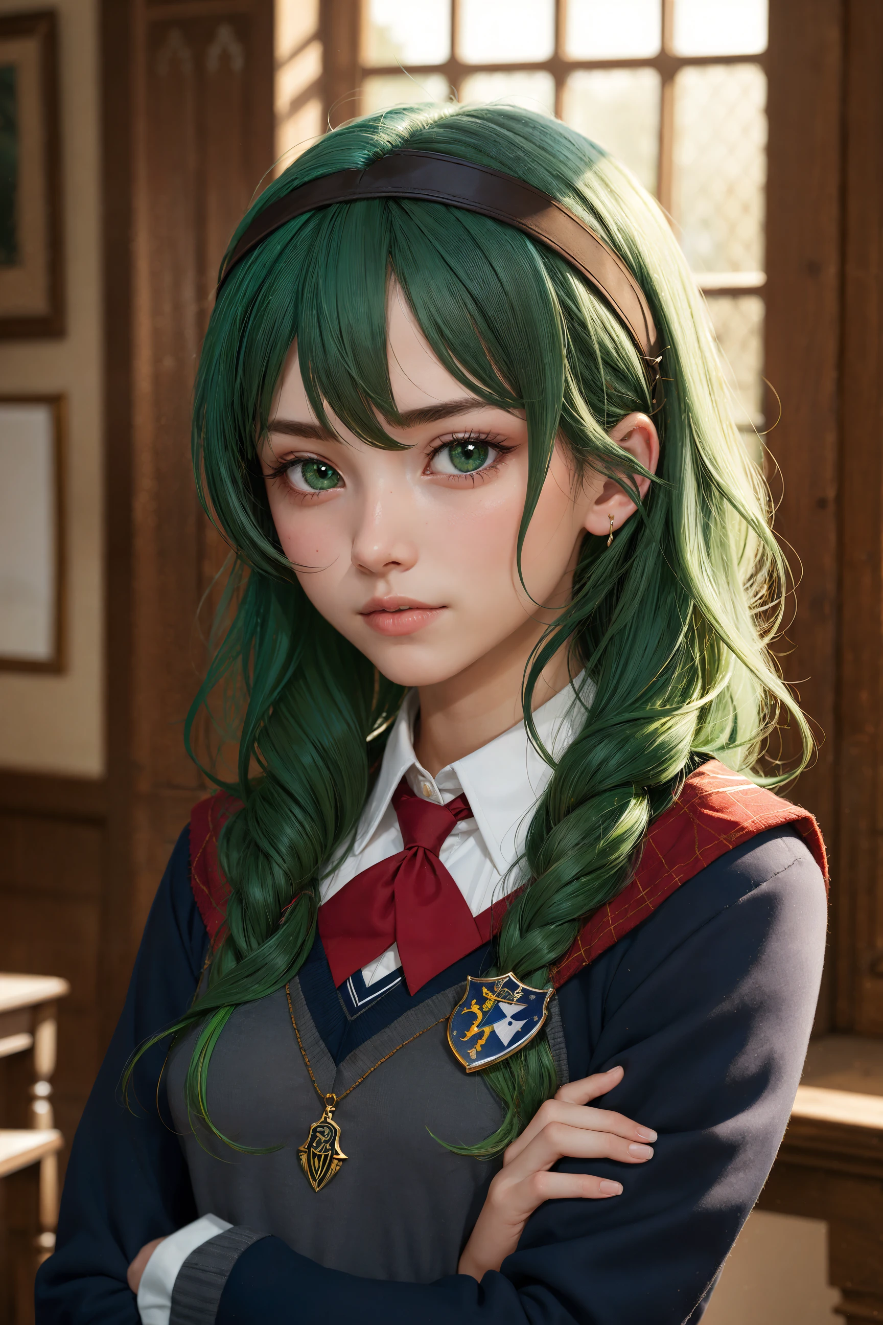 best quality, masterpiece, hogwarts student, green hair