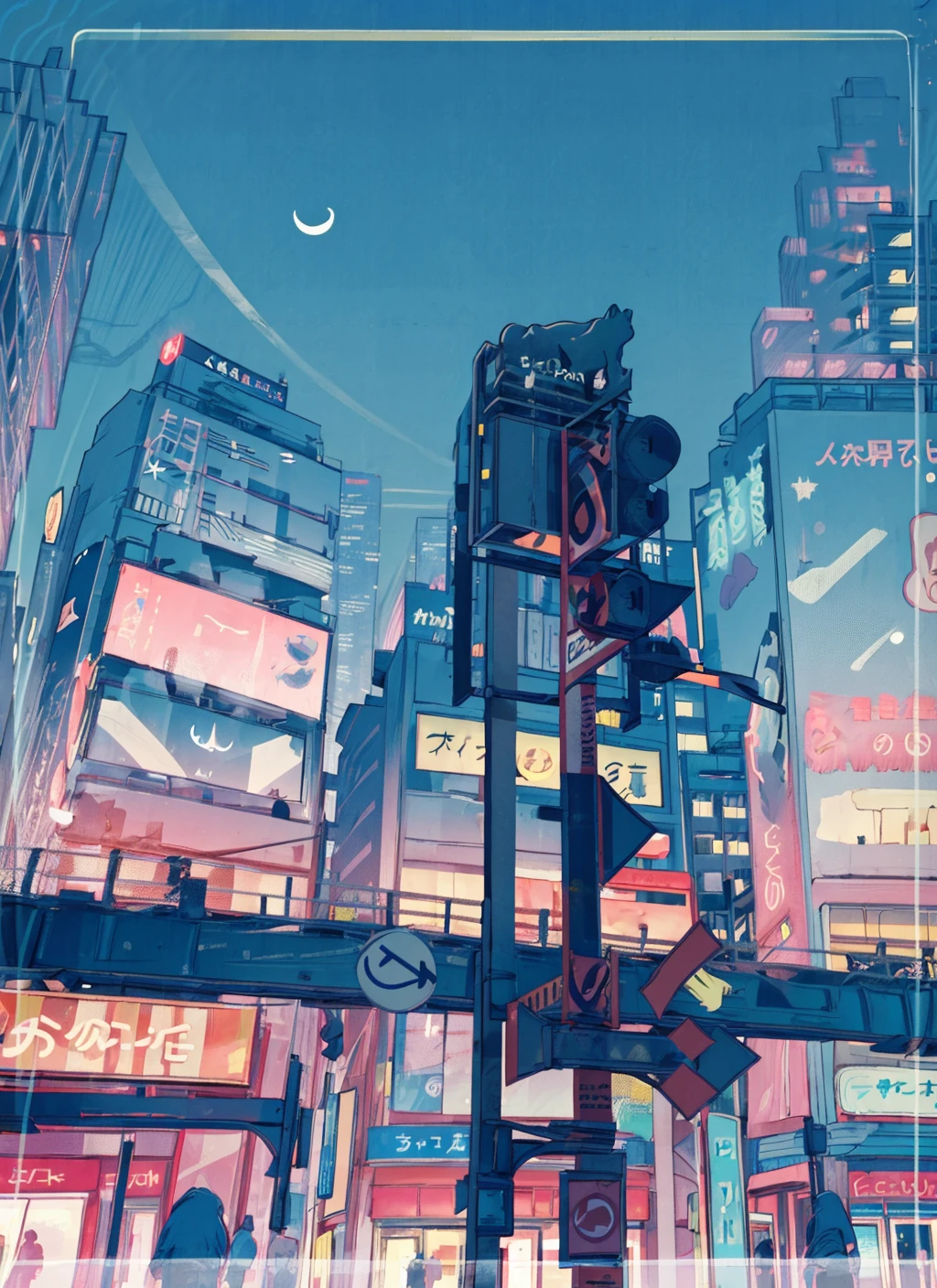 neon, sign, building, traffic light, skyscraper, sky, city, road sign, solo, night, outdoors, crescent moon, neon lights, scenery, cityscape, moon, star (sky), 1girl, night sky<lora:neon:1.1>