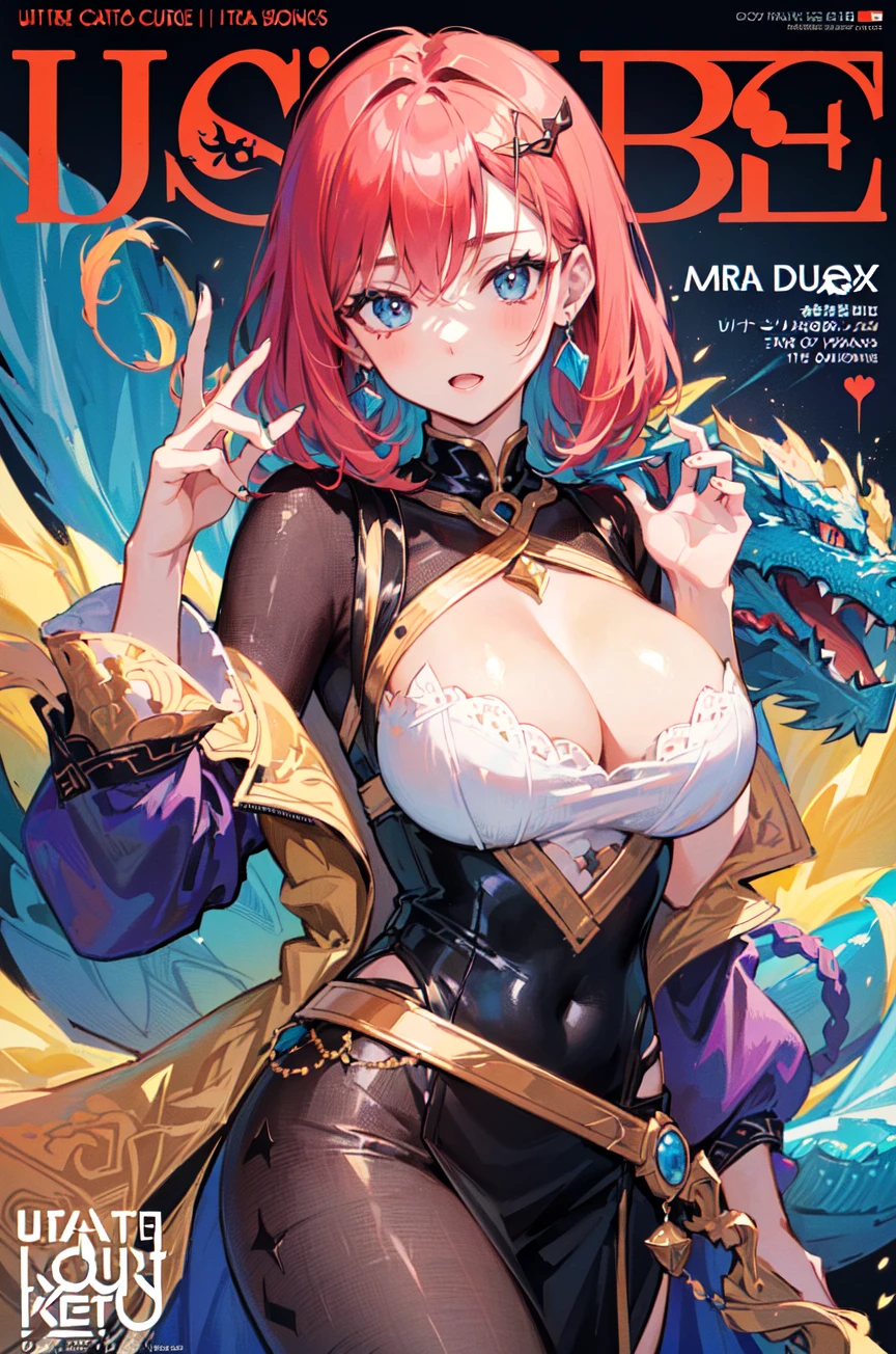 ((((best quality))), (((ultra detailed))), (((masterpiece))), illustration, (Magazine cover-style illustration of a fashionable woman in a vibrant outfit), posing in front of a colorful and dynamic background with magical elements. She has a confident expression and is holding a statement accessory while a majestic dragon is coiled around her, adding a touch of fantasy to the scene. The text on the cover should be bold and attention-grabbing, with the title of the magazine and a catchy headline. The overall style should be modern and trendy, with a focus on fashion and fantasy,tachi-e