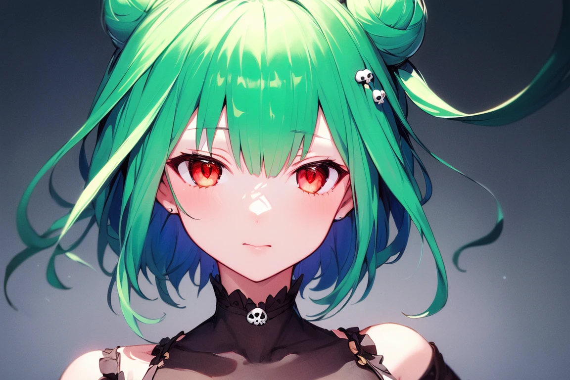 (masterpiece, best quality:1.5), upper body, short hair, uruha rushia, green hair, skull hair ornament, 1girl, virtual youtuber, hair bun,