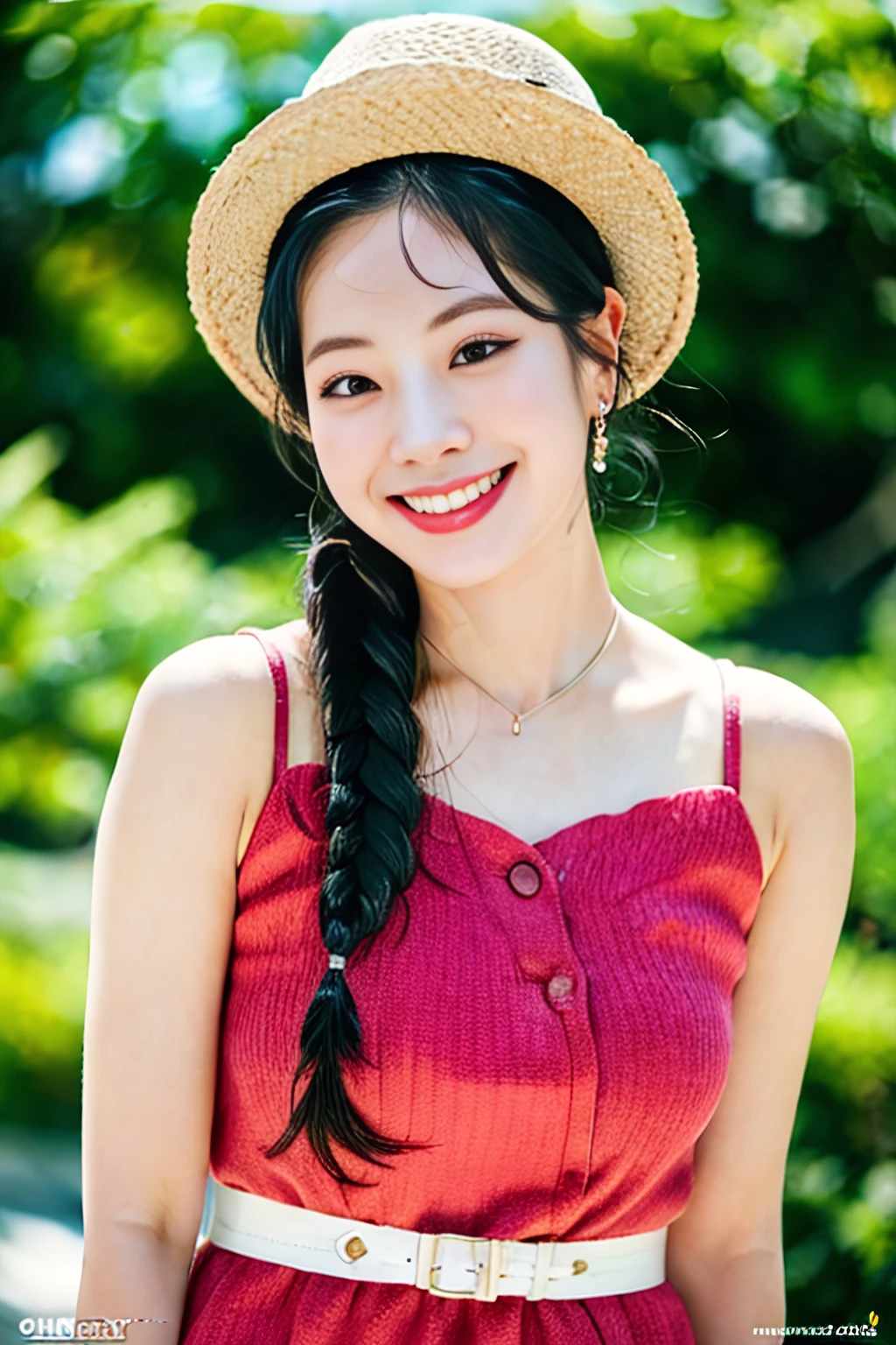 (8k, RAW photo, best quality, masterpiece:1.2),(High detail RAW color photo professional close photograph),(realistic, photo-realistic:1.37),(best shadow),(best illustration), (ultra high res,extremely detailed CG unity 8k wallpaper),(physically-based rendering),(cinematic lighting),(1 girl),(bokeh:1.4),(collarbone),(shapely),(wide shoulder), grin, twin braids, (yellow hat),arms behind back, looking the viewer, smiling, (loose close up), dahyunnie, dahyun, closed mouth, black hair, solo, earrings, black eyes, realistic, looking at viewer, (smile), <lora:xelors_TwiceDahyun_v1.0:0.770>