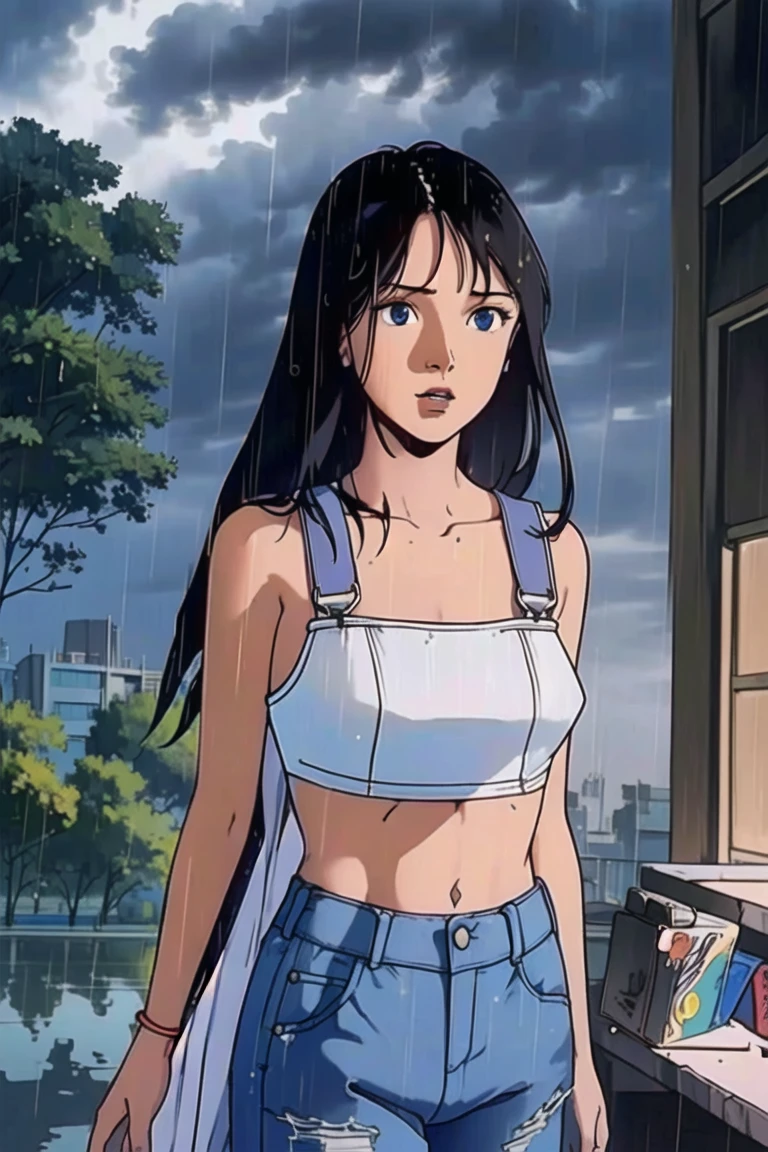 girl, (contrast,vibrant,sketch:1.3), (hotify,digital art,fit,hot body,instagram:1.2), (monster:1.4), (Rainstorm,Country Road Background:1.4),Fat,Flat Breasts,(Hands above the head),Long Hair,Bob Hair,(white Jersey,tan Torn Pants:1.3),fate (series),Bandeau Bra ,(masterpiece,detailed,highres:1.4) <lora:90s_iron:0.8>