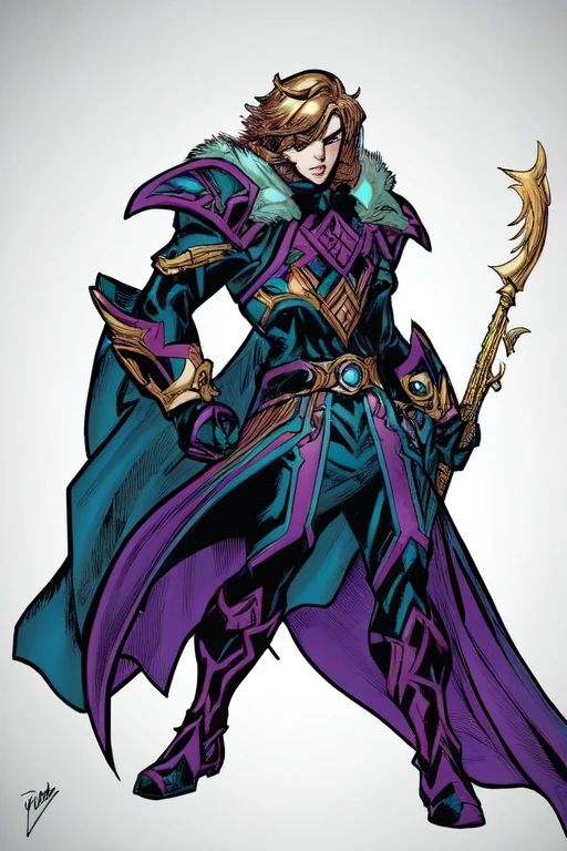 lisdusk1, 90s comic book style, ((masterpiece)),(best illustration), (extreme detail, ultra fine), solo, 1girl, violet eyes, (two tone hair), (voluptuous), (long hair),(large breasts), (sexy), (vivid colors),(green bodysuit), (extreme light and shadow, volumetric lighting),((solo)), (close up), dskyart1, nvinkpunk, style of joe maduereira