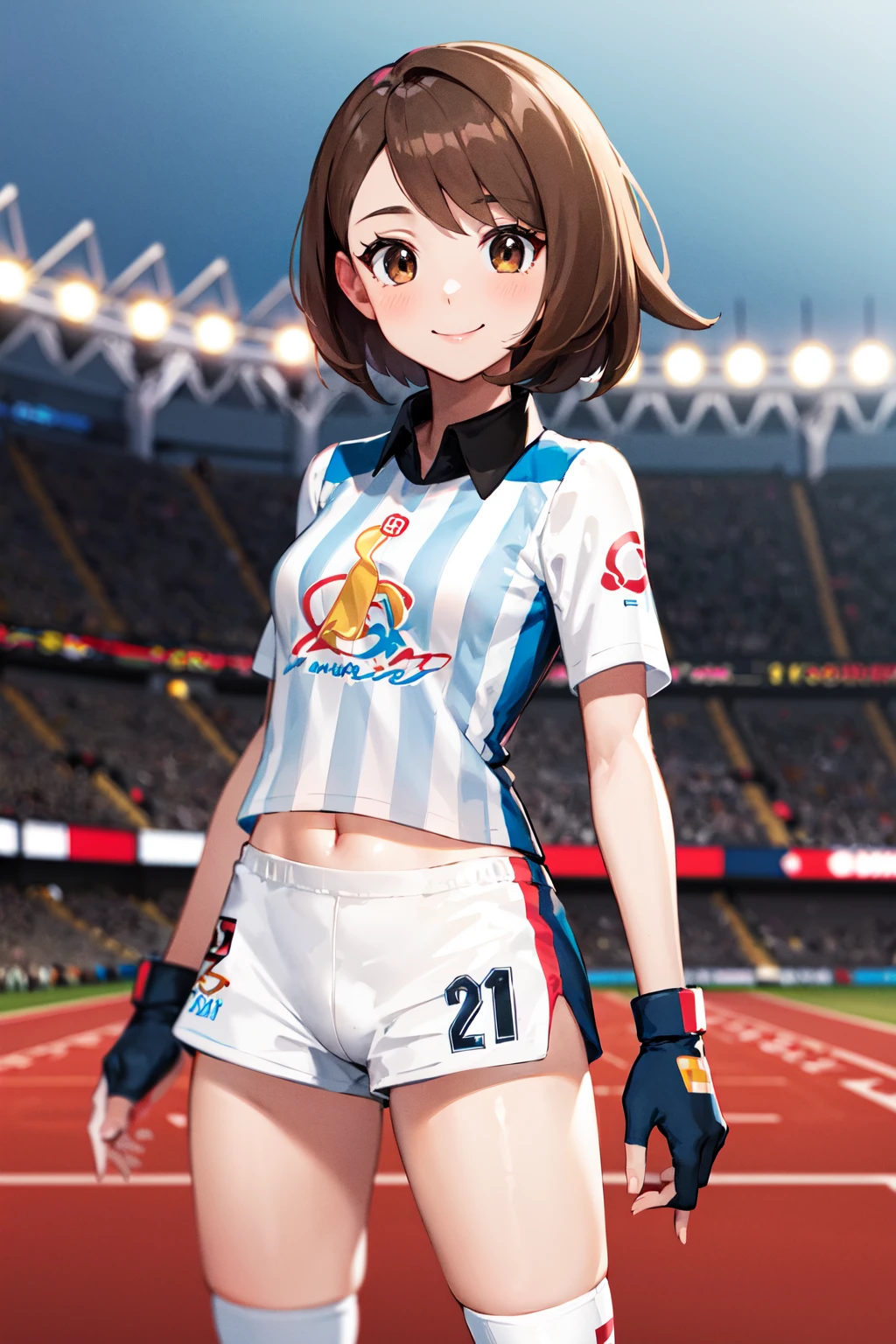 masterpiece, best quality, highres, gloria2, 1girl, solo, brown eyes, brown hair, single glove, gloria \(pokemon\), bangs, collared shirt, white socks, white shorts, short hair, partially fingerless gloves, short shorts, kneehighs, striped shirt, bob cut, print shirt, vertical stripes, eyelashes, <lora:gloria_(pokemon)_v1:0.6>, cowboy shot, stadium, smile