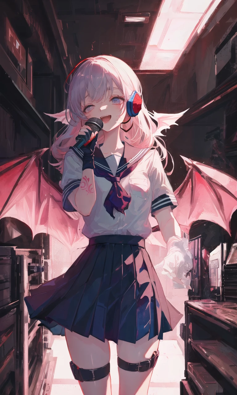 art by Cornflower, dreamy, <hypernet:Cornflower_Phantom:1.0>
((best quality), ((masterpiece)), ((ultra-detailed)),(highres), original,(illustration), ((detailed light)),(an extremely delicate and beautiful),(colorful)watercolor (medium) ,(((straight-on))),(cyberpunk),(stage),((cute face)),succubus,((detailed school_uniform)),frills,(skirt1.2),fingerless gloves , (Microphone,singing song,happy,)demon hron,demon wings,thigh strap,(headset),(heart tattoo),delicate fingers,sharp_fingernails,)<lora:Cornflower-000001:0><hypernet:Cornflower_Phantom:0><hypernet:yukoring:0>